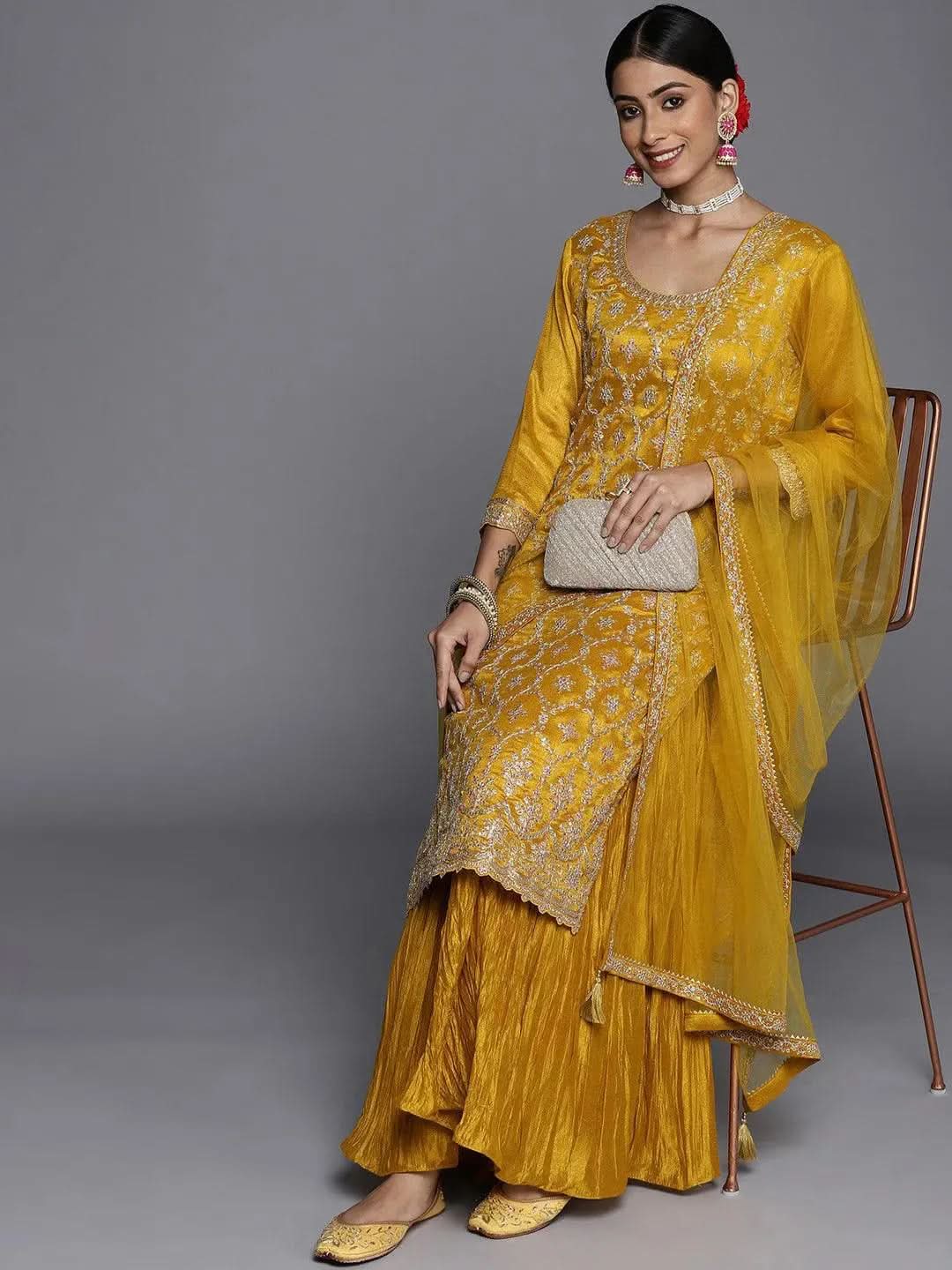 Libas Mustard Embroidered Silk Blend Pakistani Suit