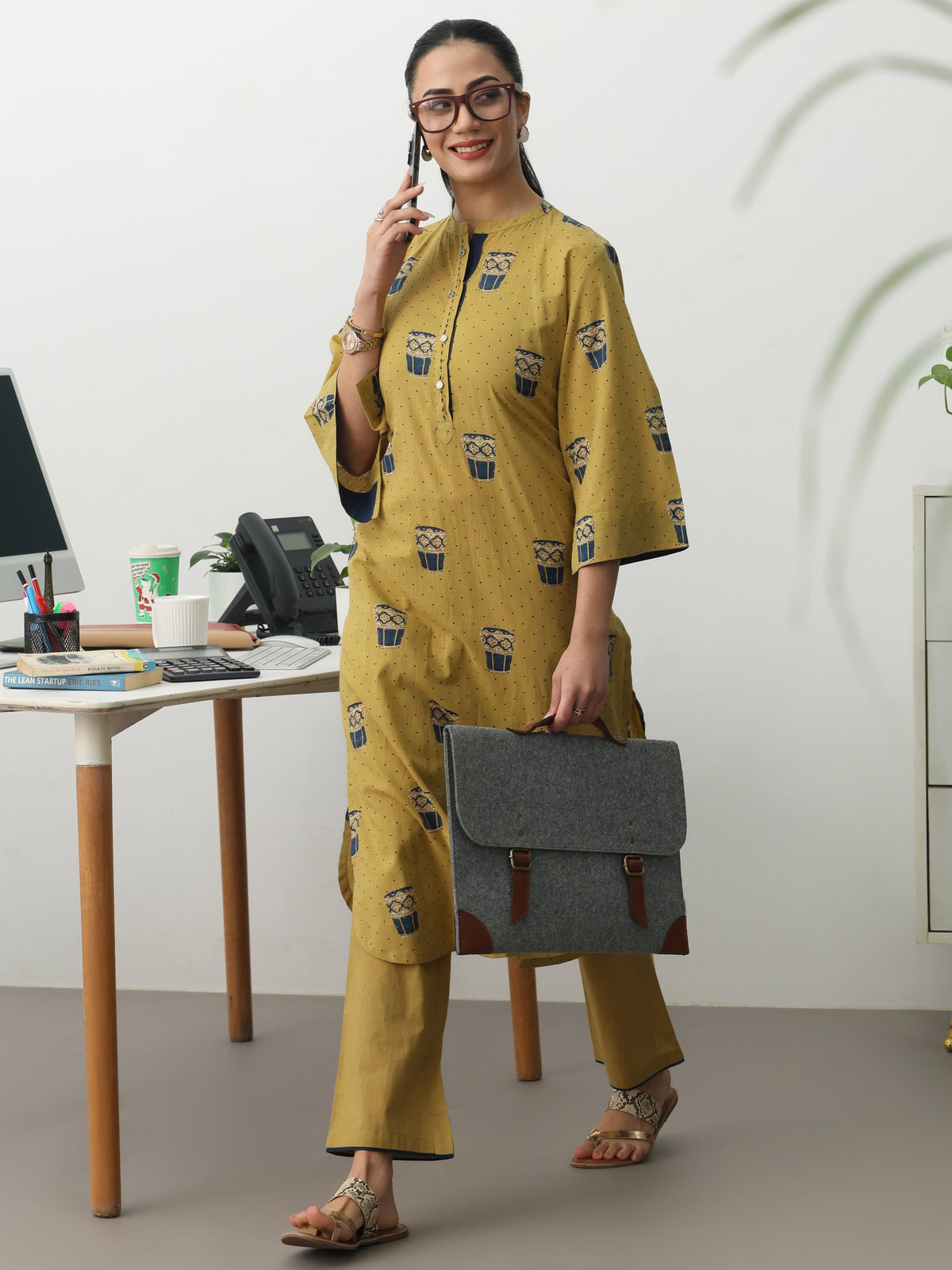 Gerua Mustard Ethnic Motifs Printed Cotton Blend Straight Kurta Set