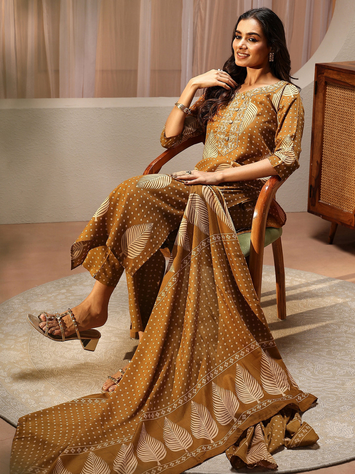 Gerua Mustard Floral Printed Cotton Blend Straight Suit Set