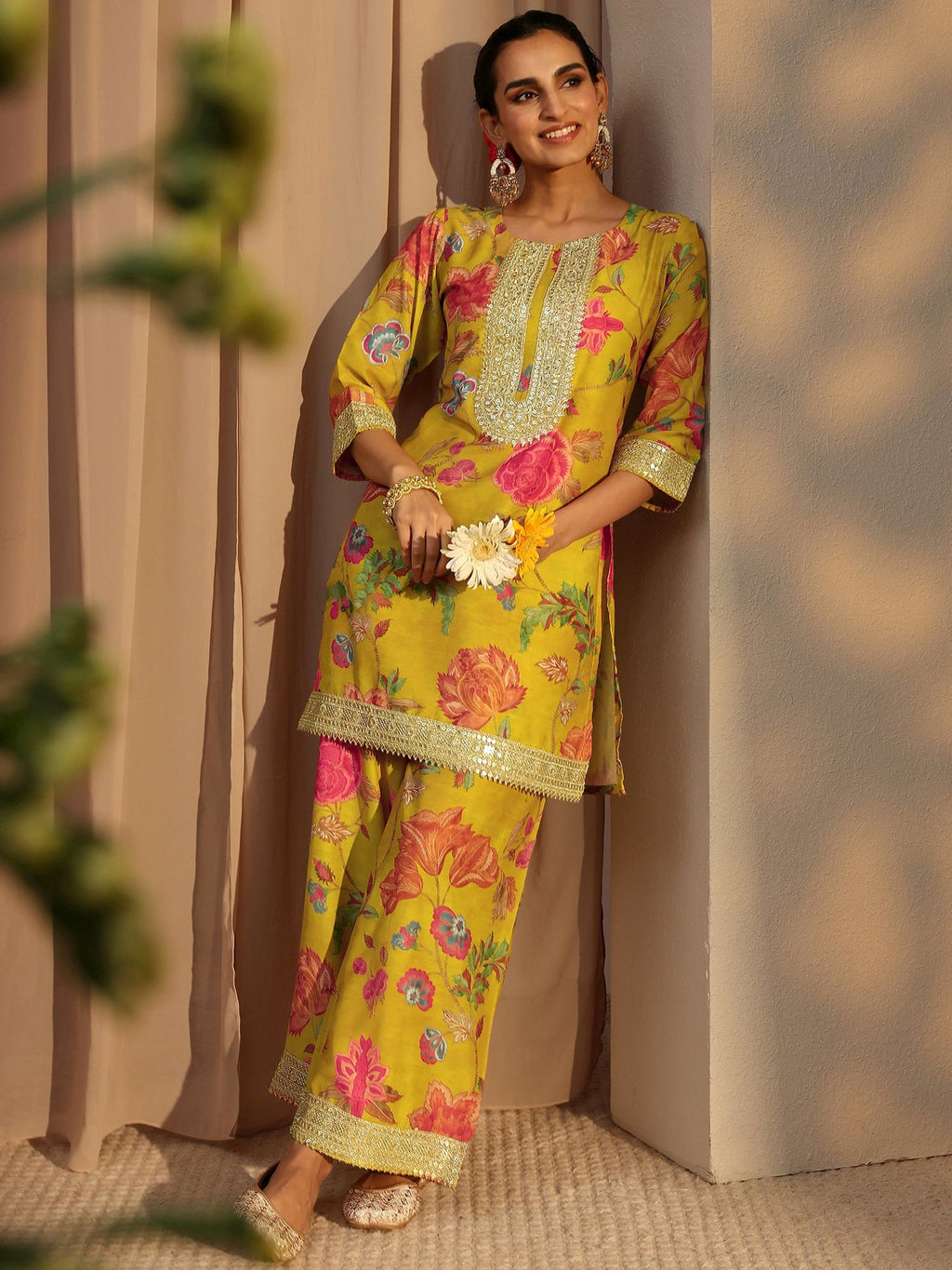 Libas Mustard Floral Printed Silk Blend Co-Ord Set CO87