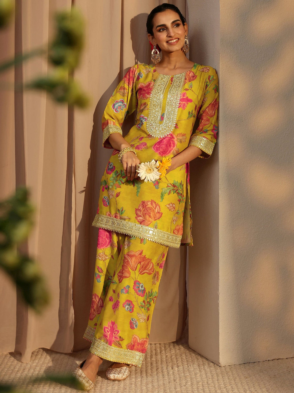 Libas Mustard Floral Printed Silk Blend Co-Ord Set CO87