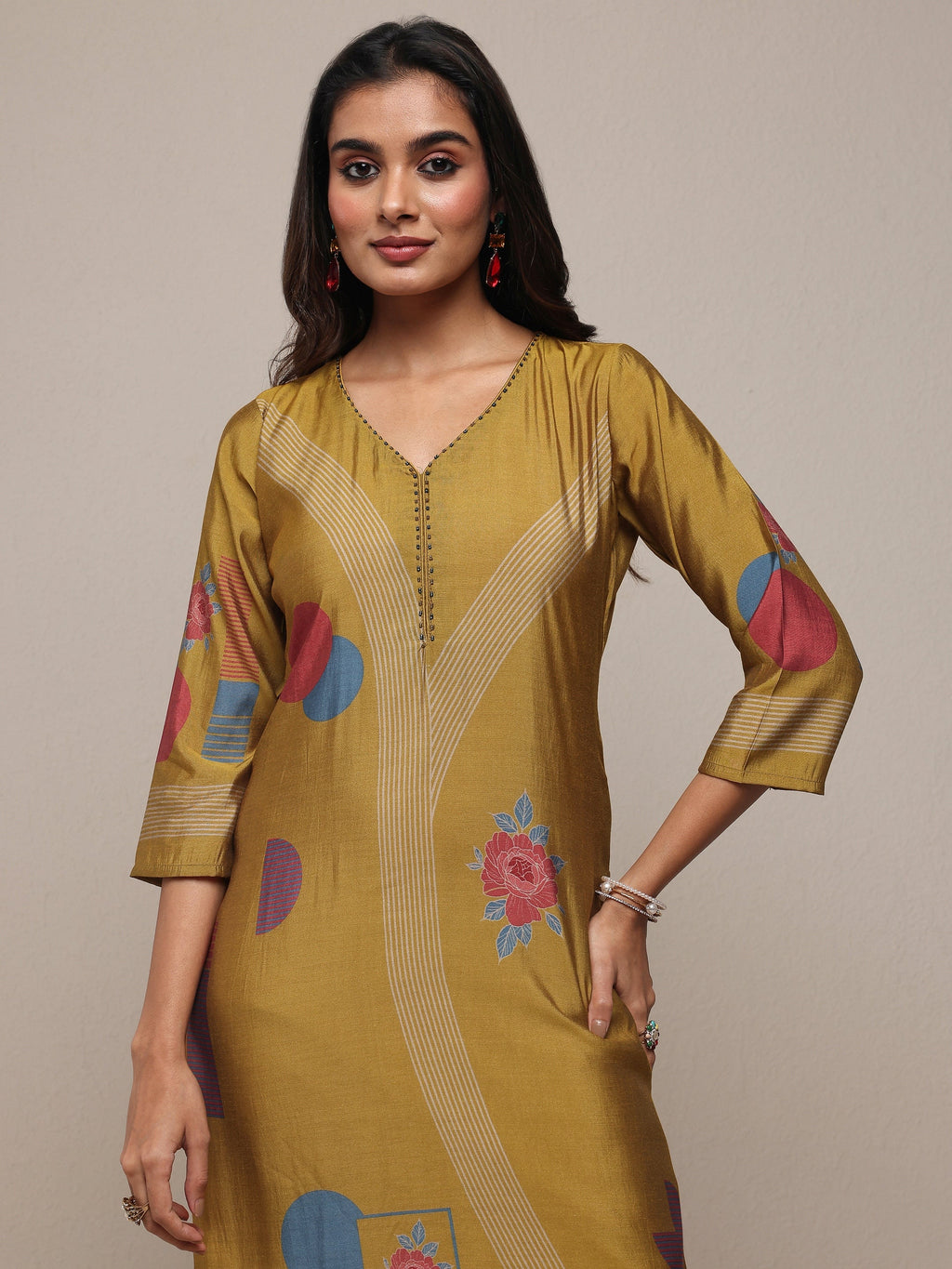 Libas Mustard Floral Printed Silk Blend Straight Kurta