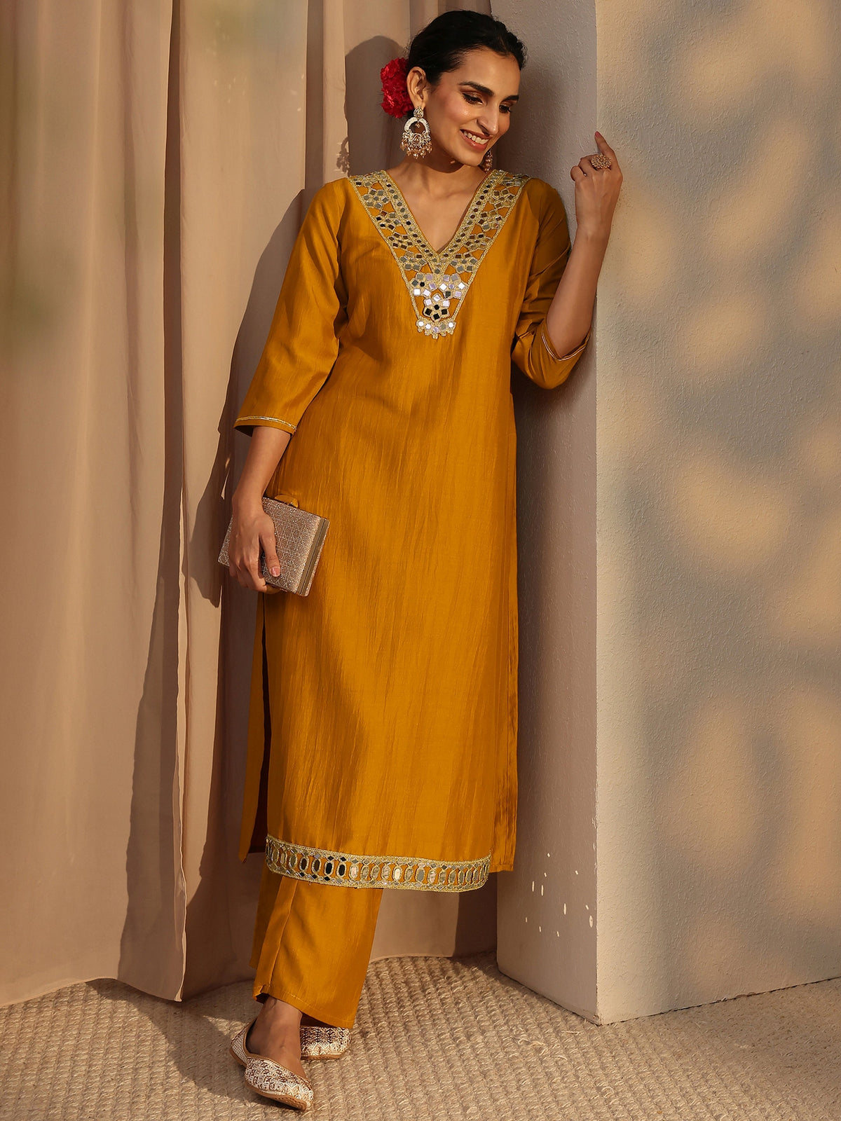 Libas Kaner Mustard Mirror Work Yoke Silk Blend Straight Kurta Set