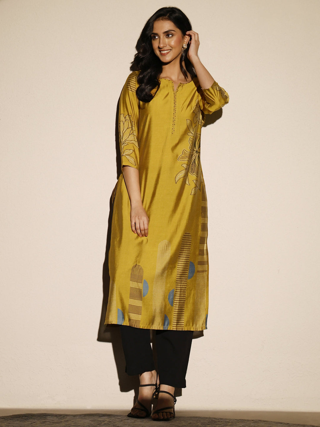 Libas Mustard Printed Silk Blend Straight Kurta