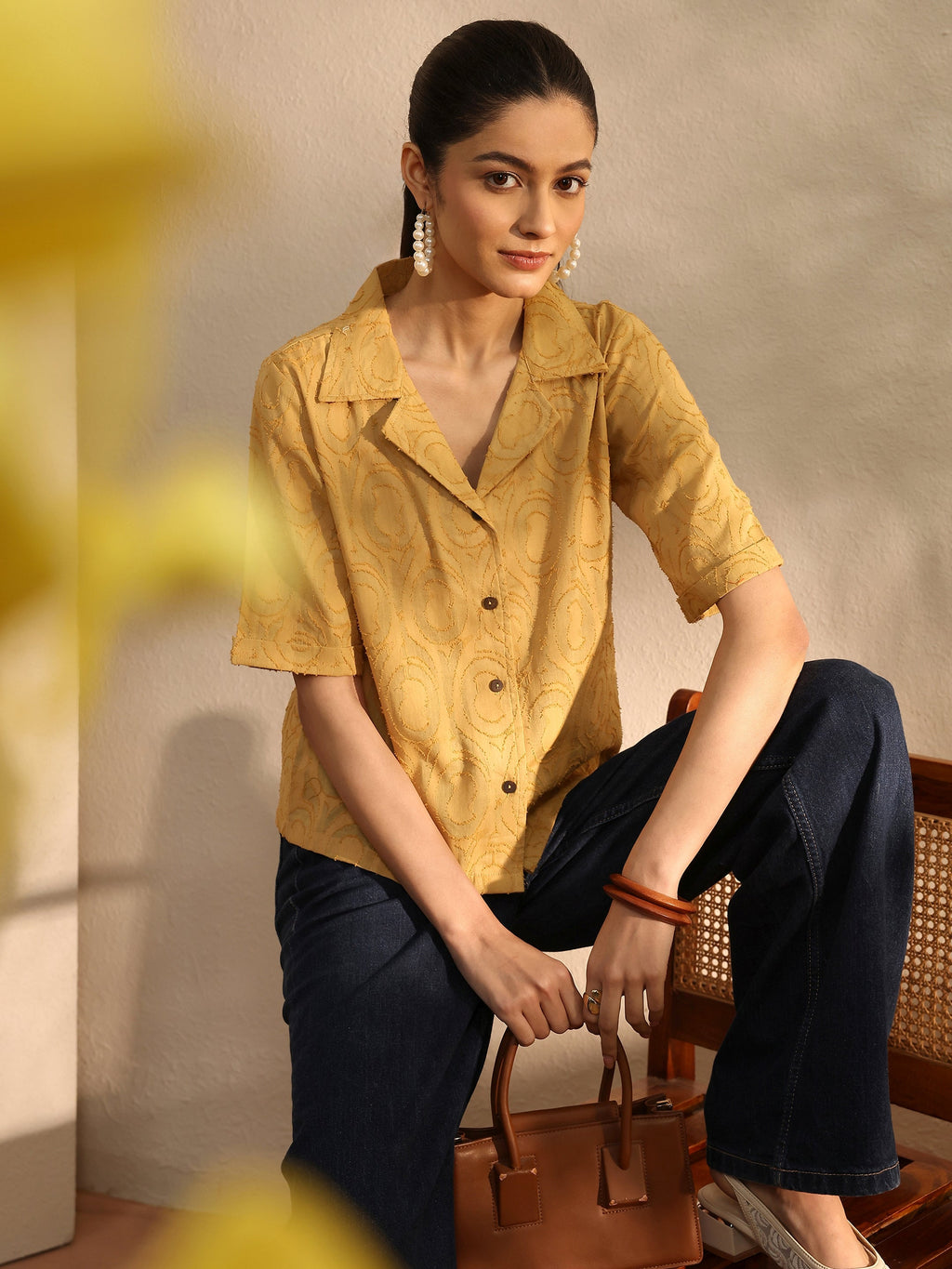 Libas Mustard Self Design Cotton Straight Shirt