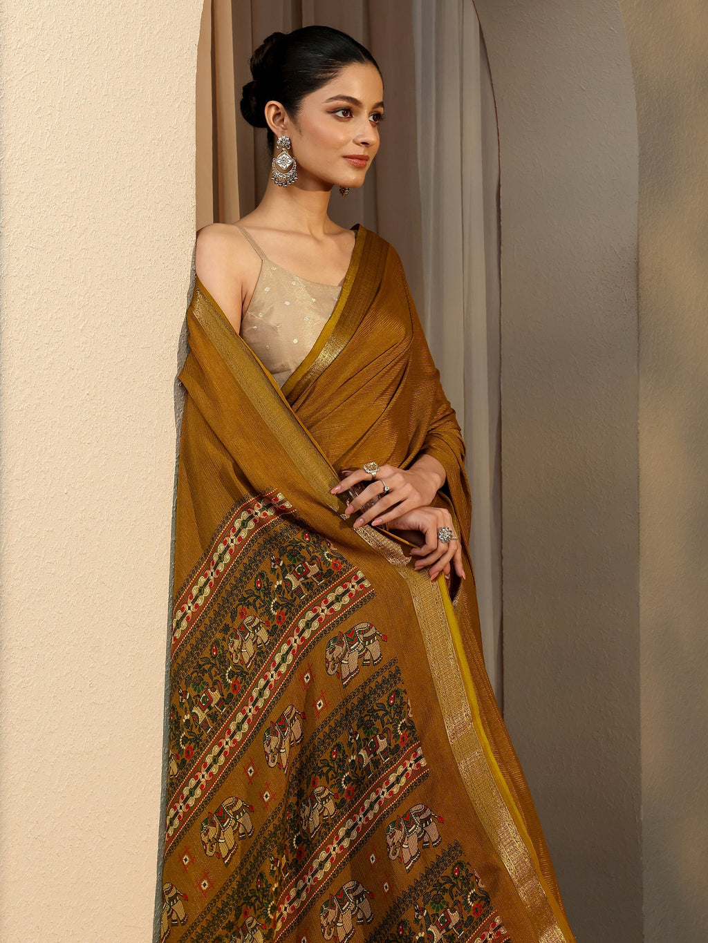 Libas Mustard Solid Silk Blend Saree With Unstitched Blouse Piece