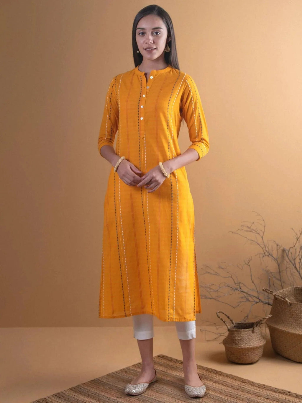 Gerua Mustard Striped Cotton Blend Kurta