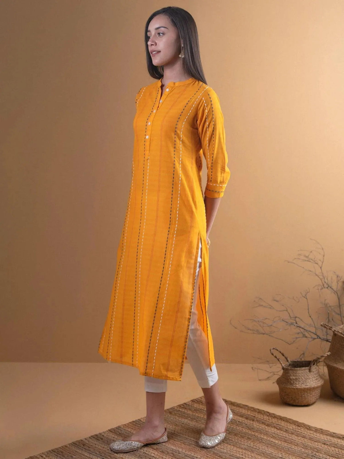 Gerua Mustard Striped Cotton Blend Kurta