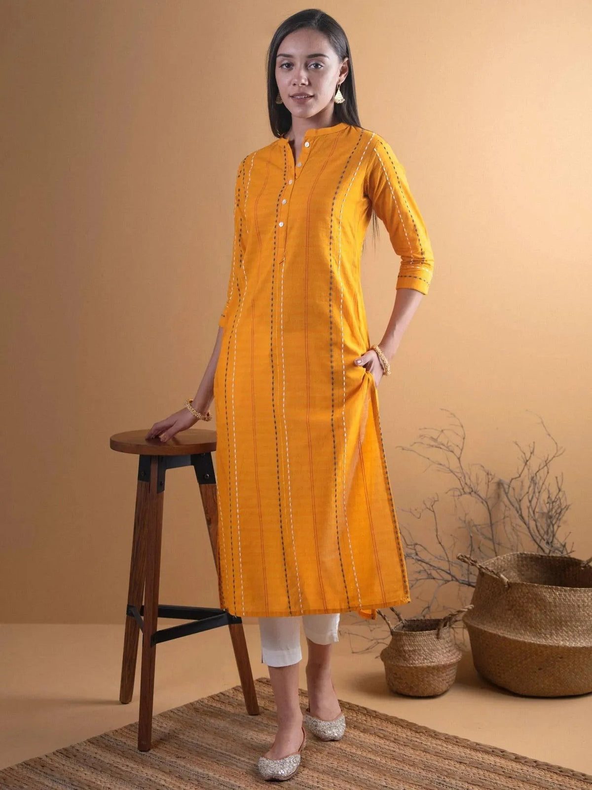 Gerua Mustard Striped Cotton Blend Kurta