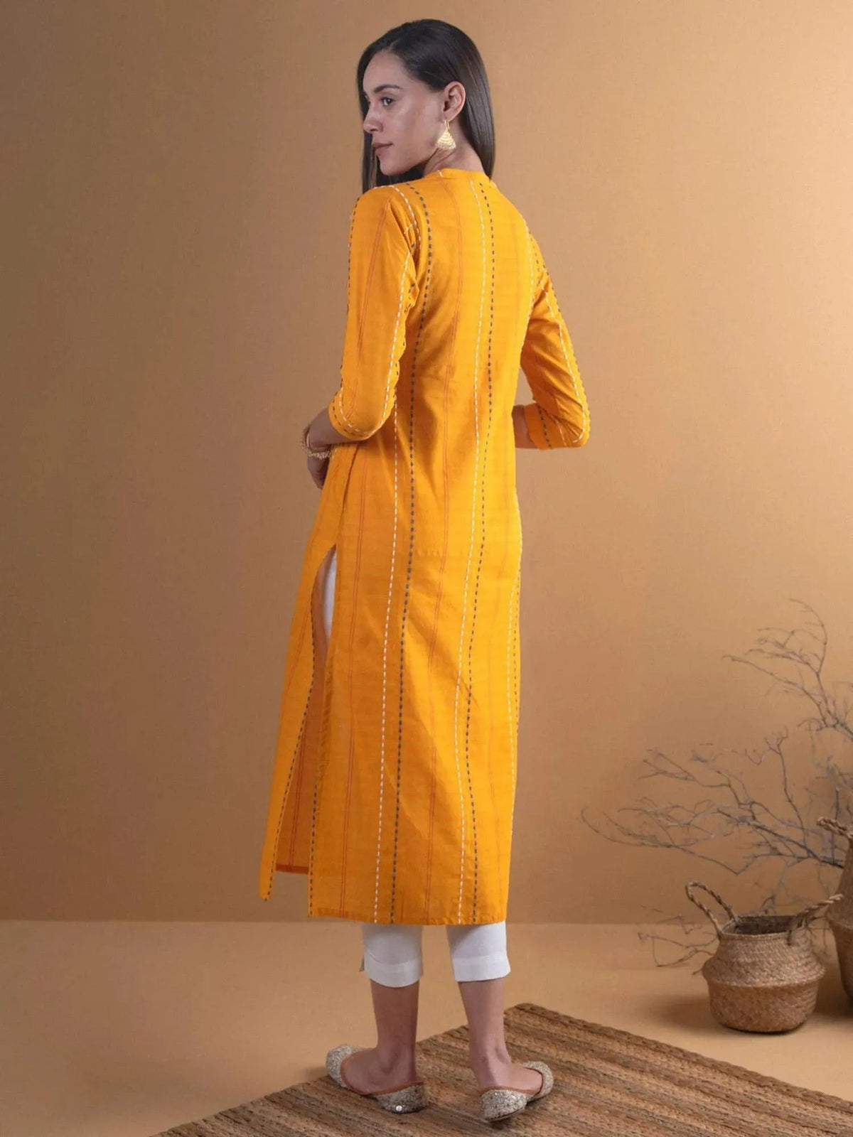 Gerua Mustard Striped Cotton Blend Kurta