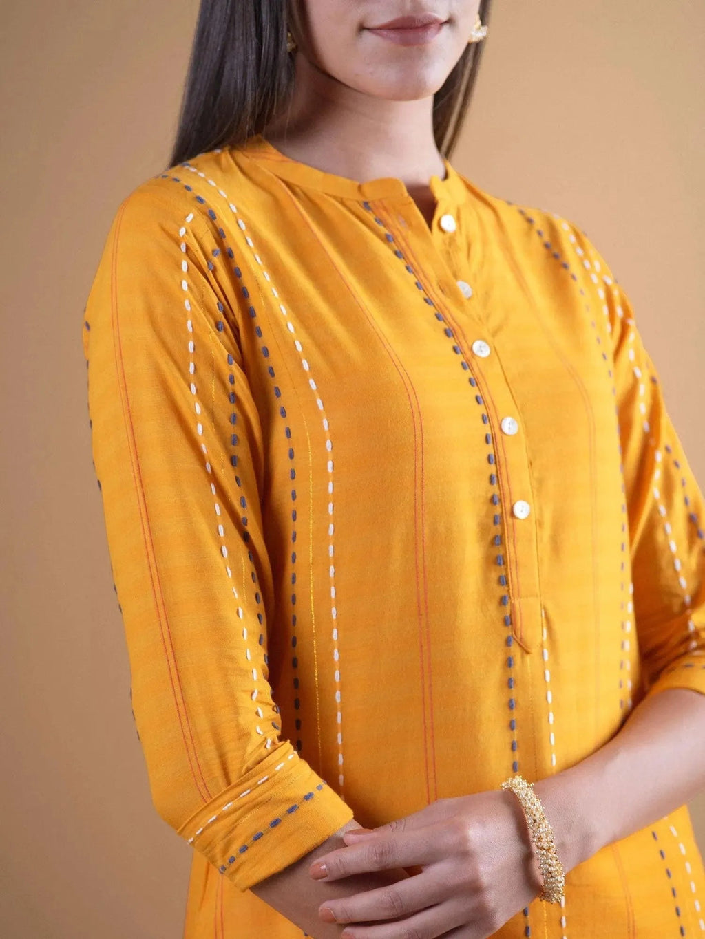 Gerua Mustard Striped Cotton Blend Kurta