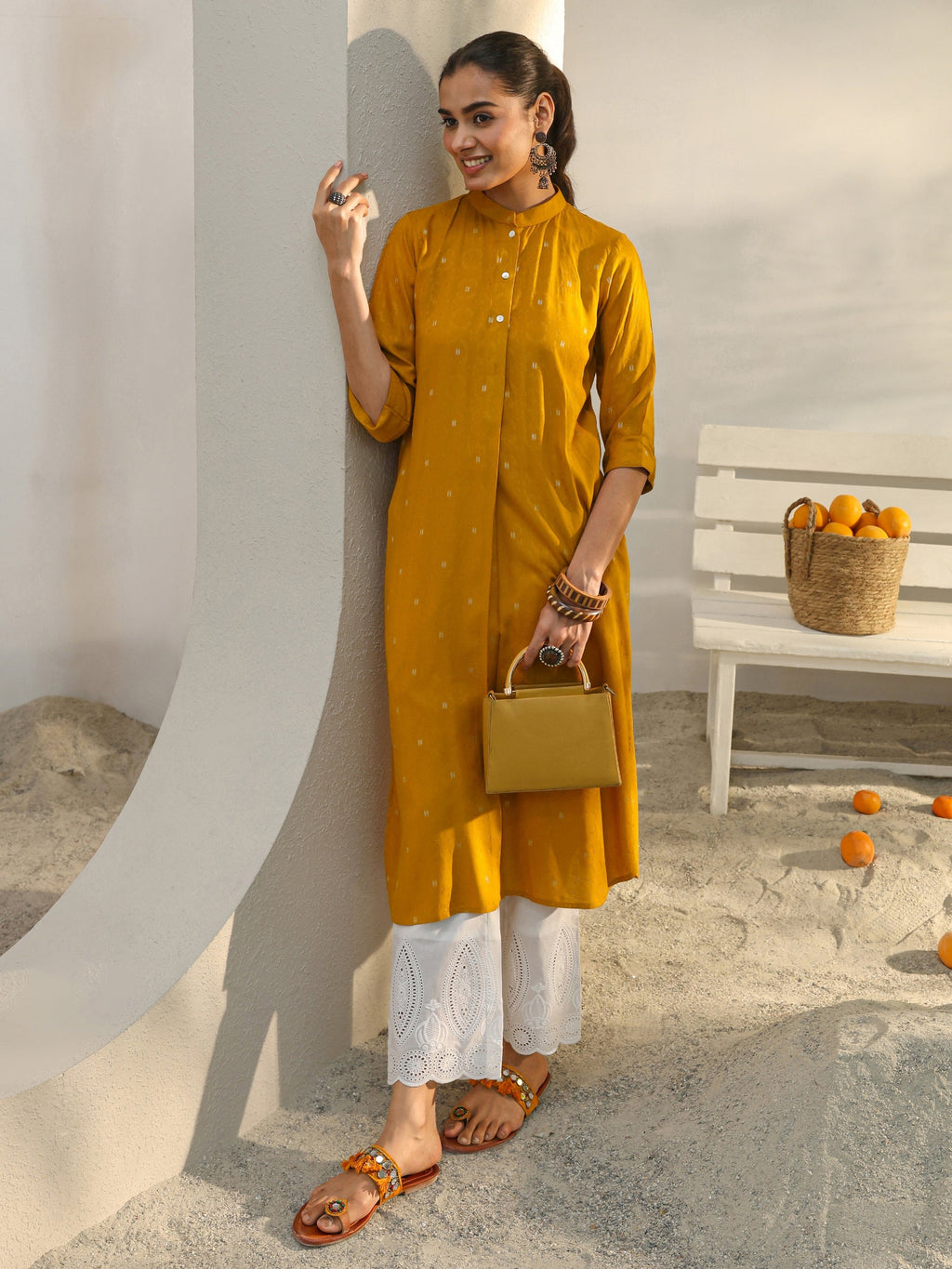Libas Mustard Woven Design Rayon Straight Kurta