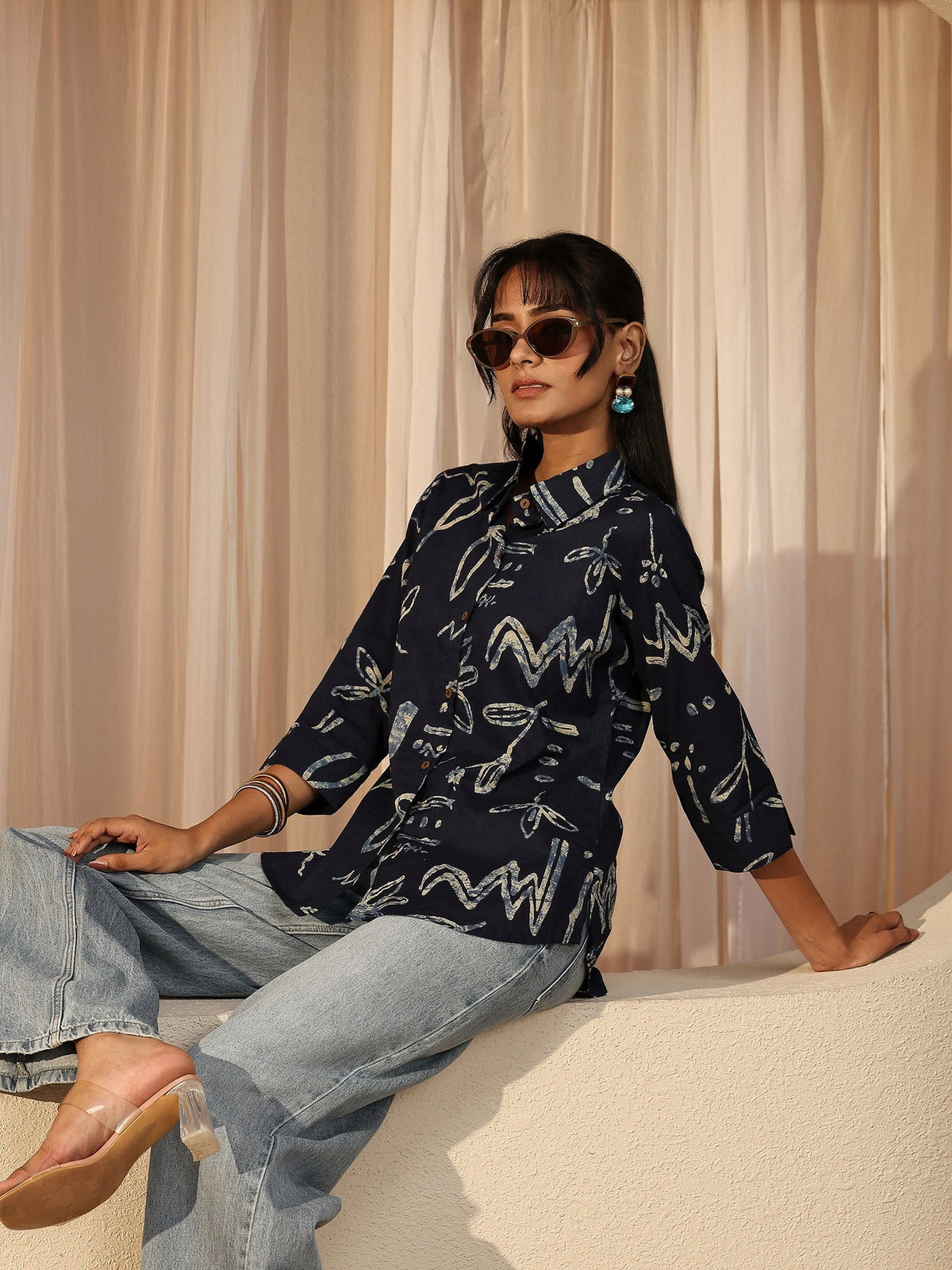 Libas Navy Blue Abstract Printed Cotton Shirt K60