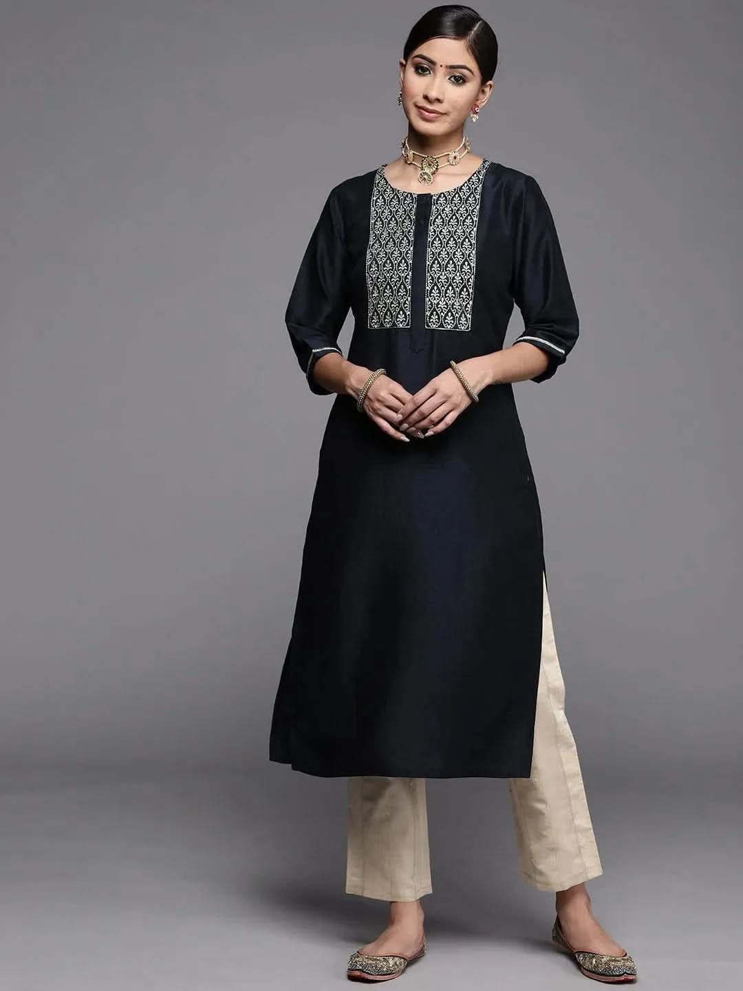 Gerua Navy Blue Embroidered Silk Kurta