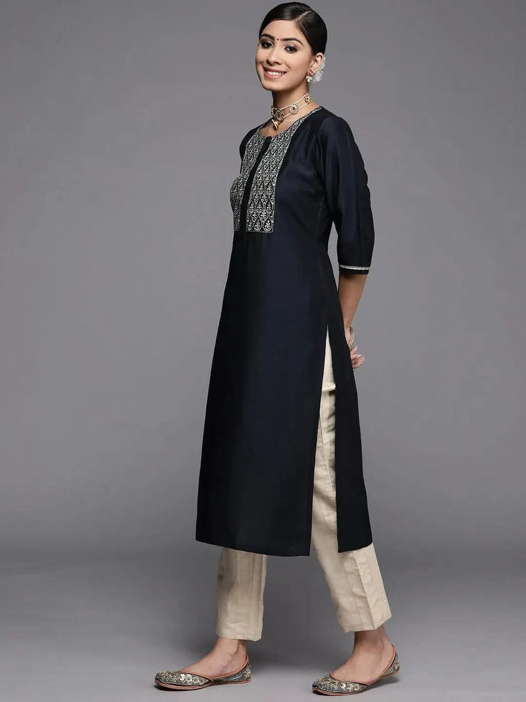 Gerua Navy Blue Embroidered Silk Kurta