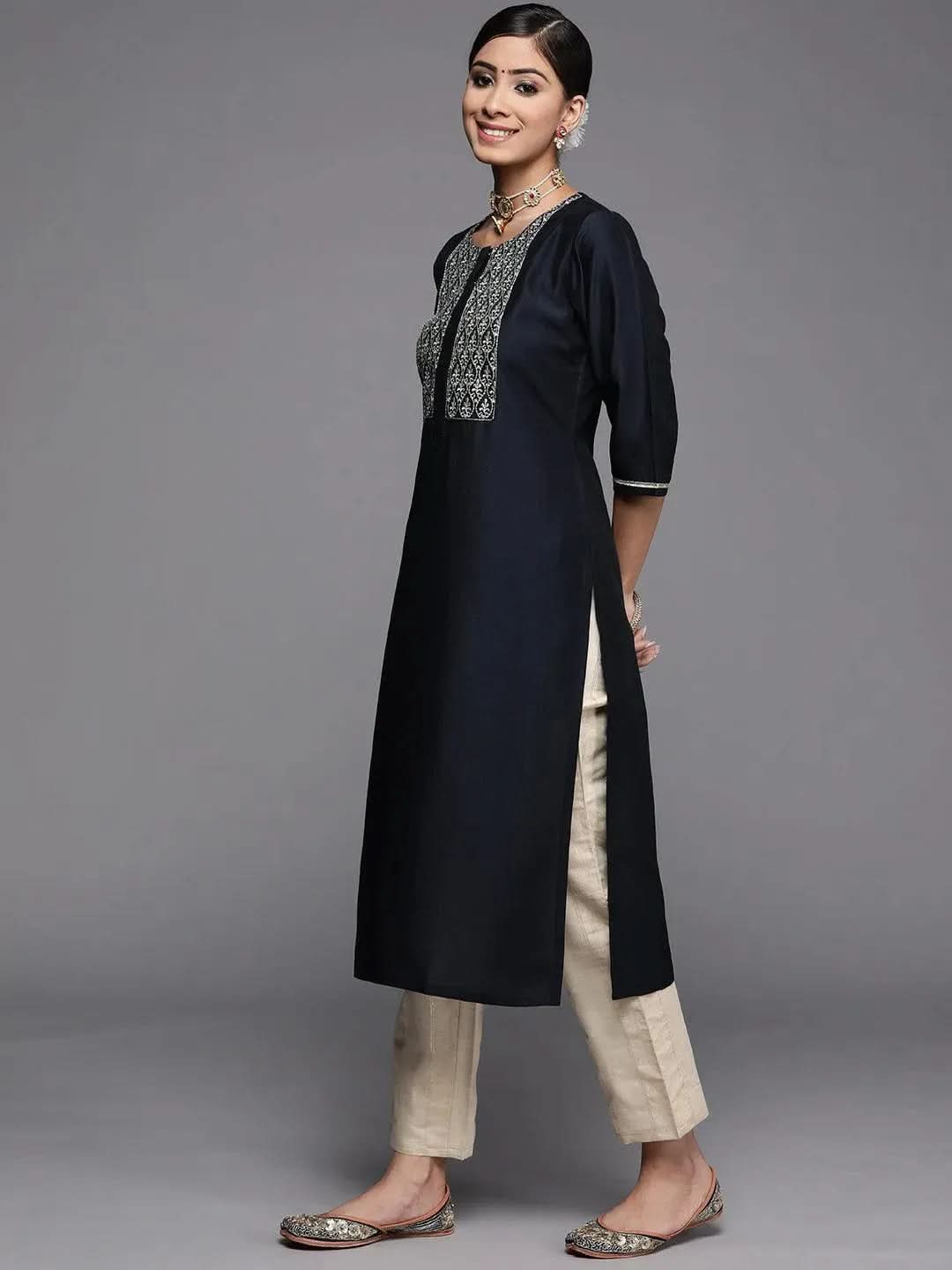Gerua Navy Blue Embroidered Silk Kurta