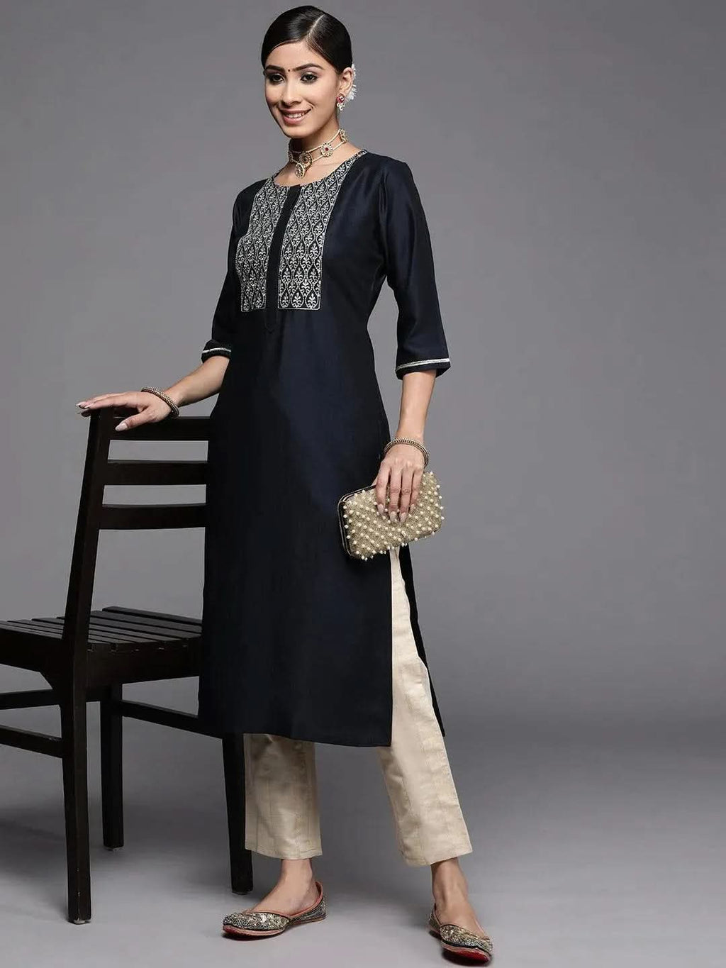Gerua Navy Blue Embroidered Silk Kurta