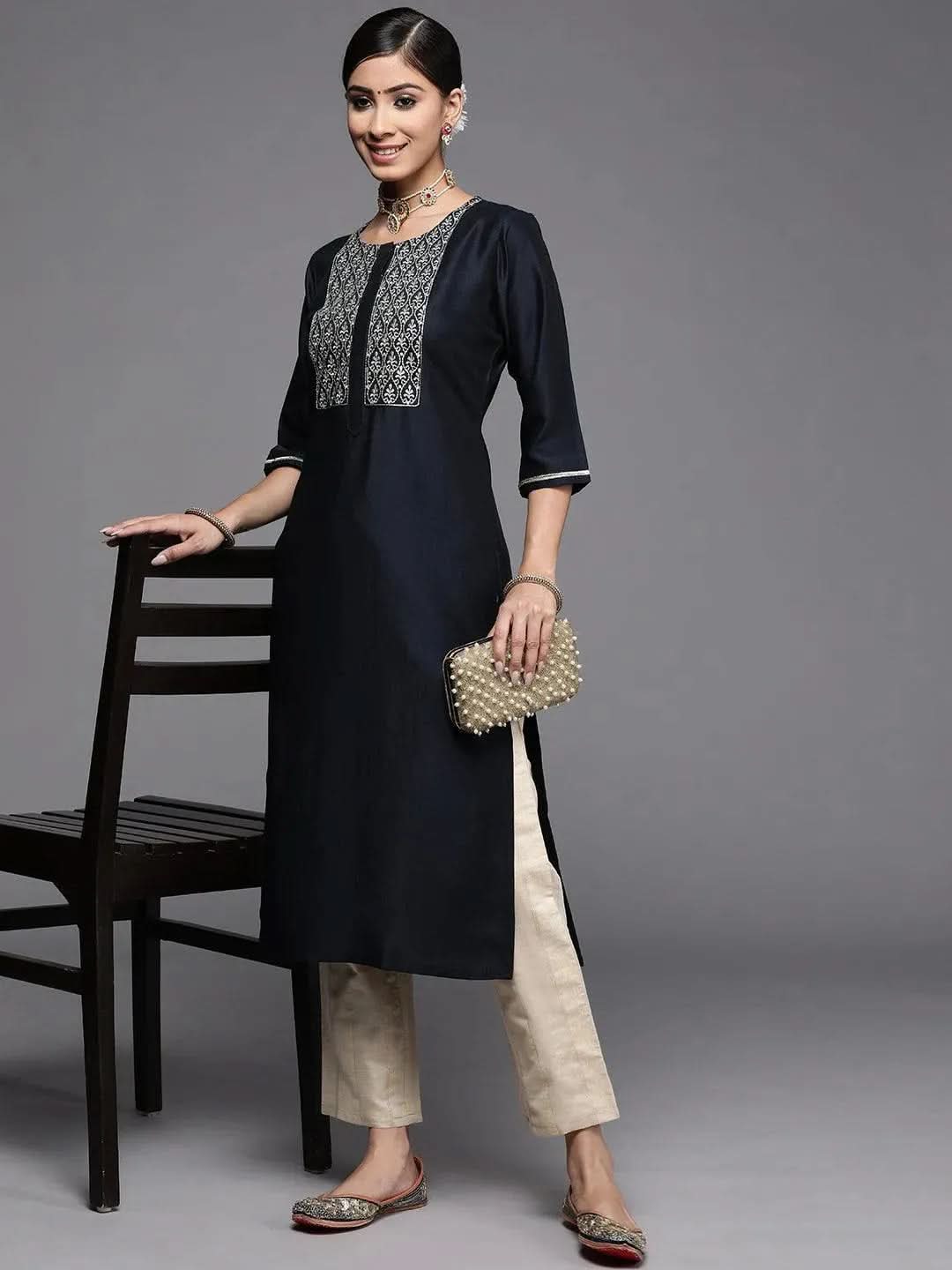 Gerua Navy Blue Embroidered Silk Kurta