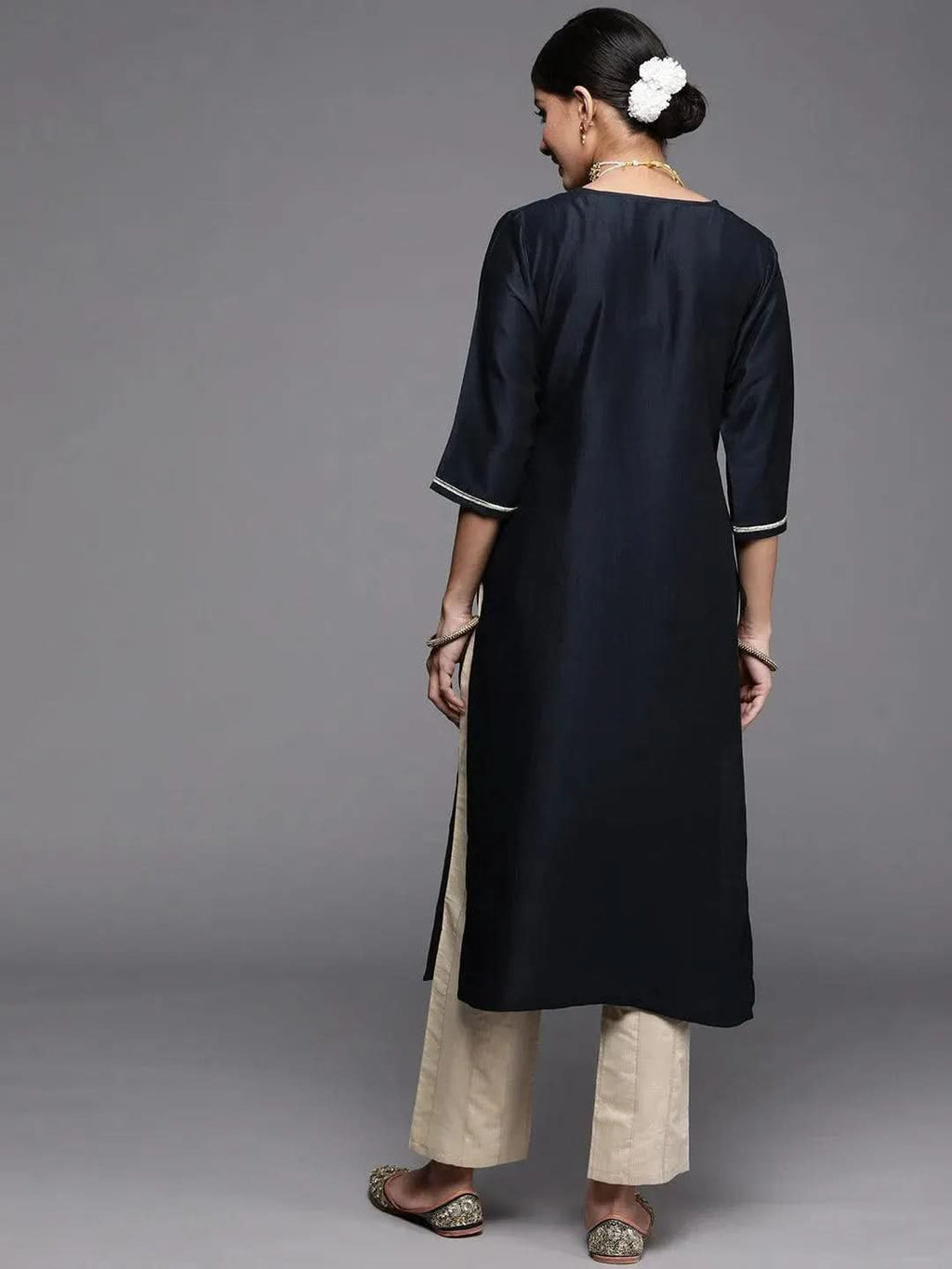 Gerua Navy Blue Embroidered Silk Kurta