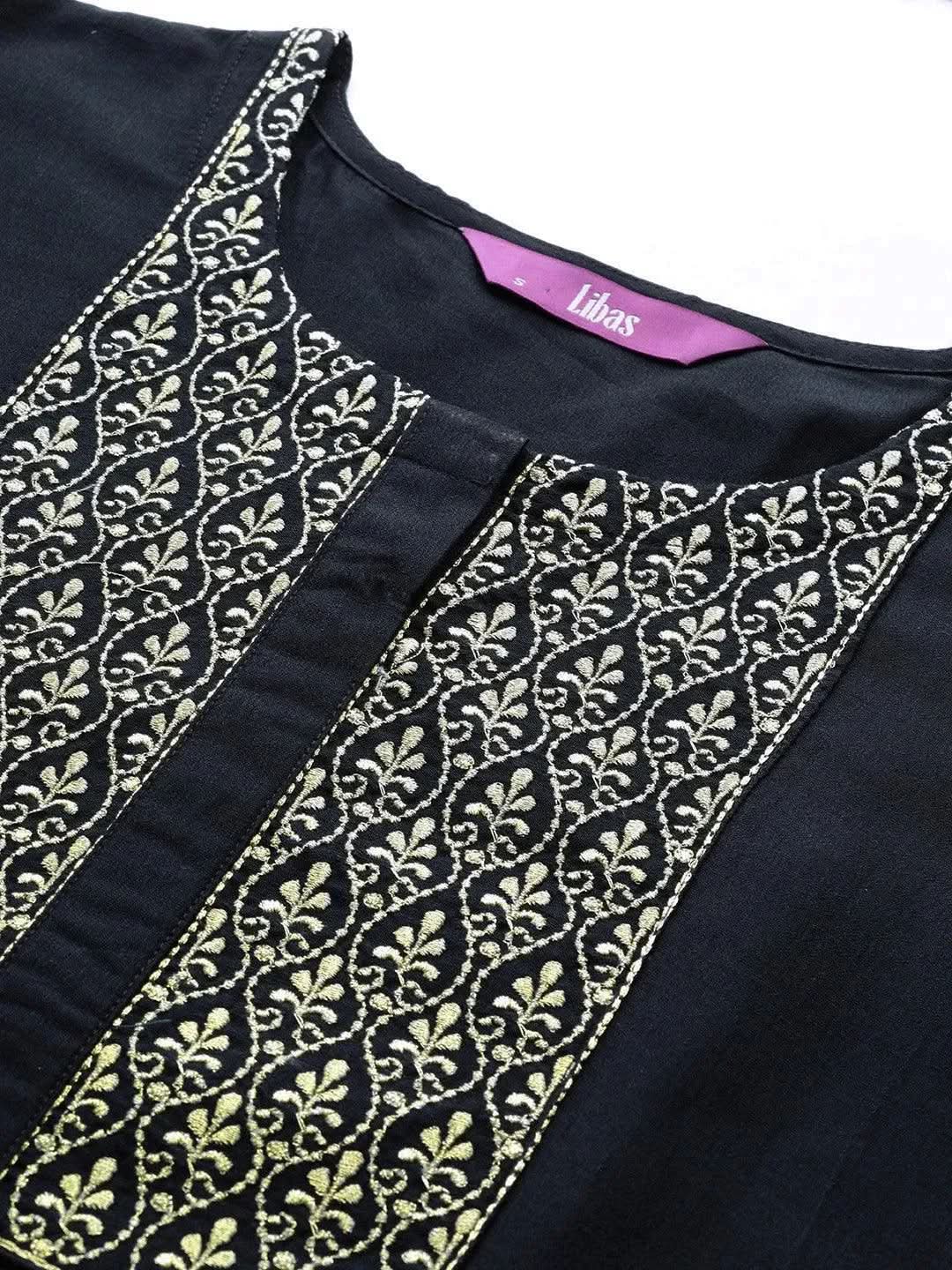 Gerua Navy Blue Embroidered Silk Kurta