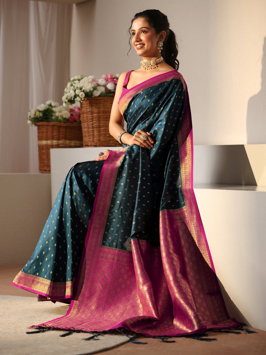 Libas Navy Blue Kanjeevaram Silk Blend Saree S45