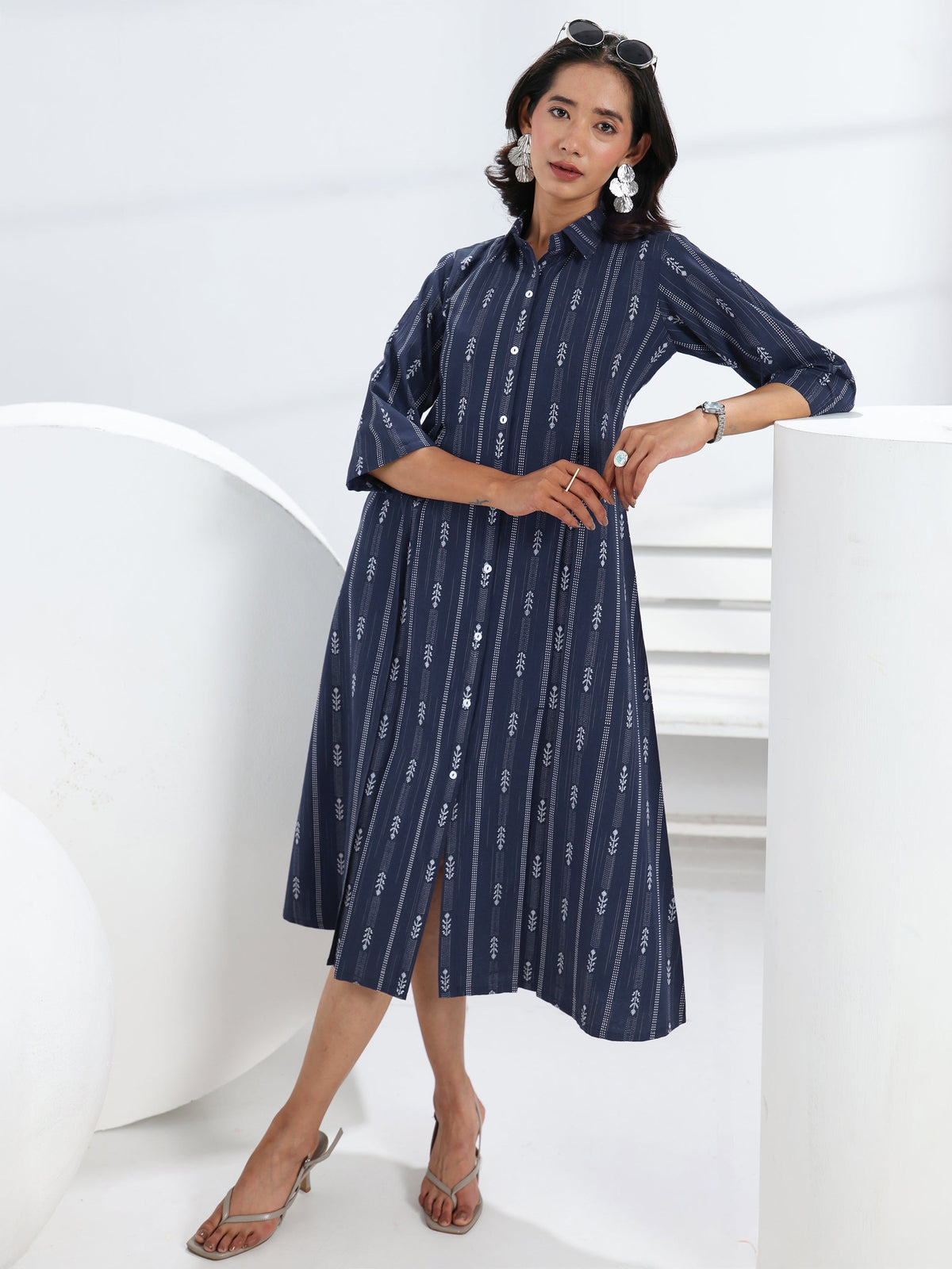 Gerua Navy Blue Ethnic Motif Woven Design Cotton Blend A-Line One Piece Dress