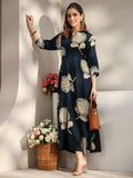 Libas Navy Blue Floral Printed Silk Blend A-Line One Piece Dress