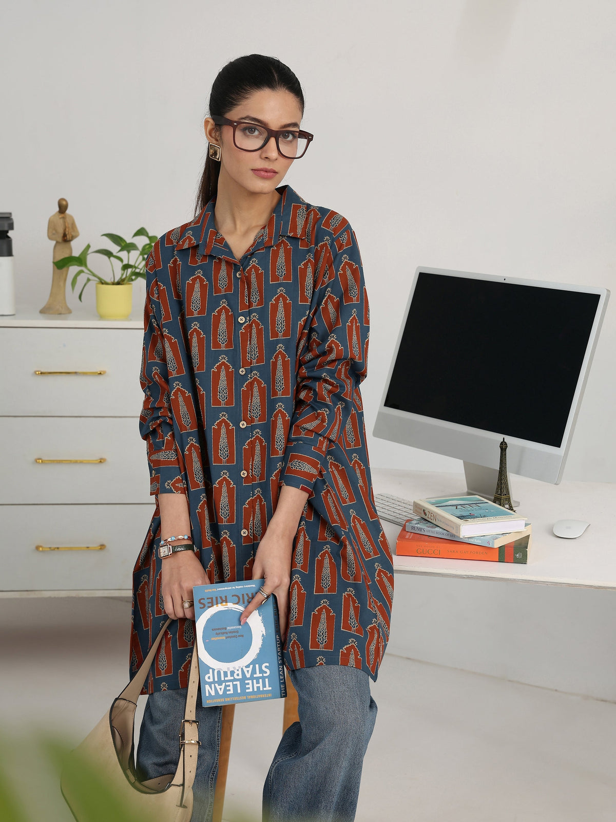 Gerua Navy Blue Geometric Printed Cotton Blend Shirt