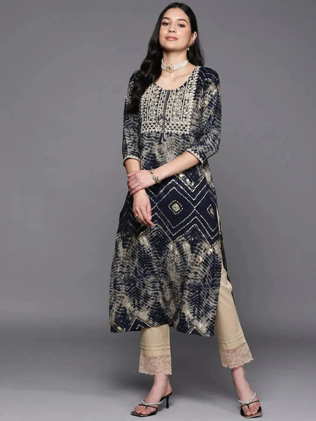 Gerua Navy Blue Yoke Design Rayon Straight Kurta