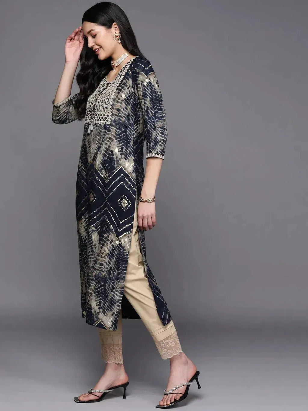 Gerua Navy Blue Yoke Design Rayon Straight Kurta