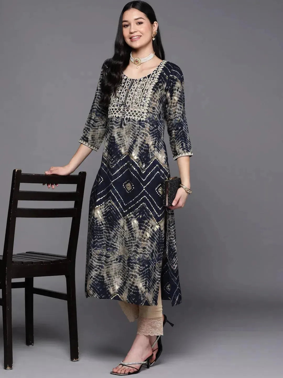 Gerua Navy Blue Yoke Design Rayon Straight Kurta