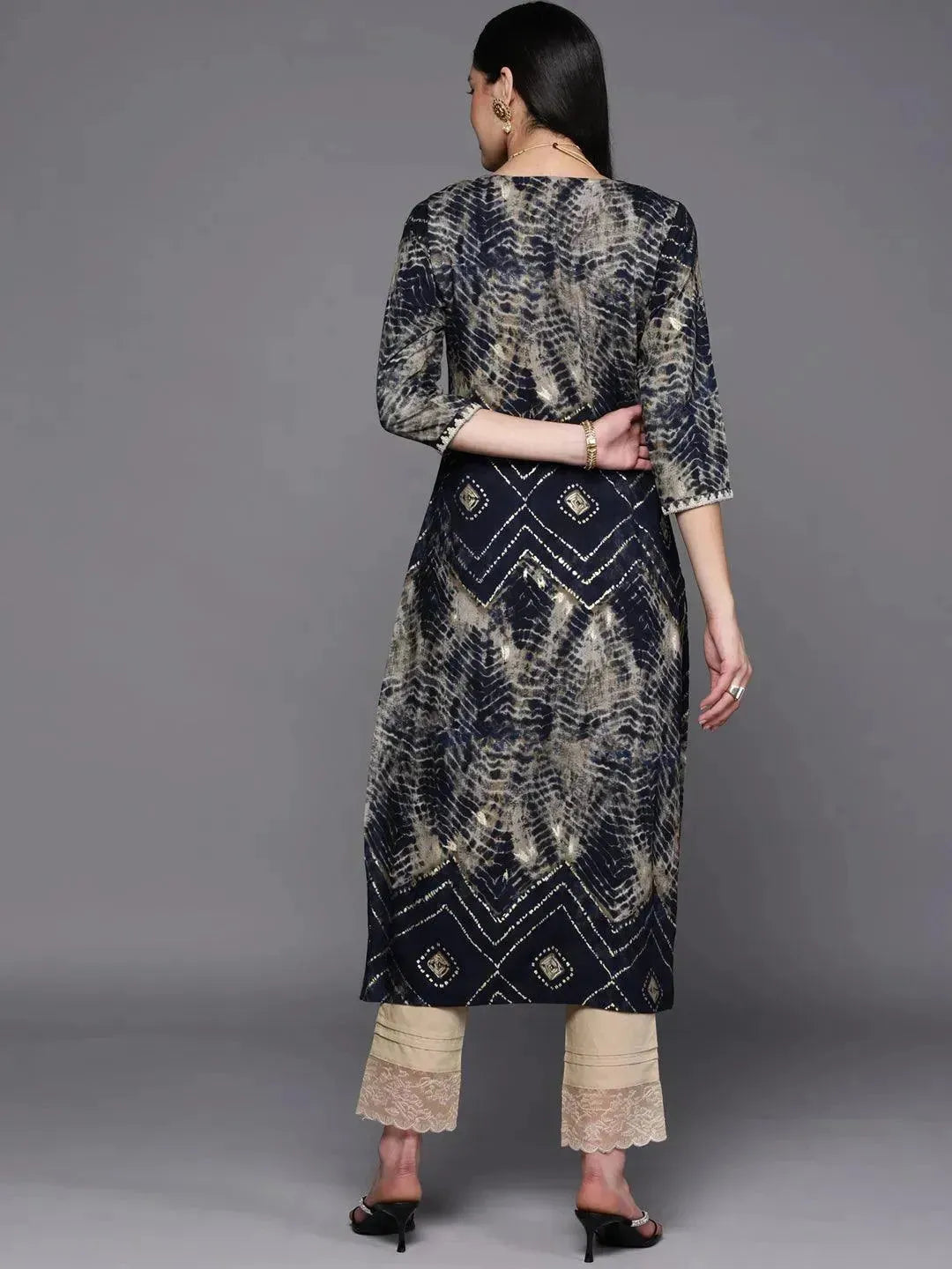 Gerua Navy Blue Yoke Design Rayon Straight Kurta