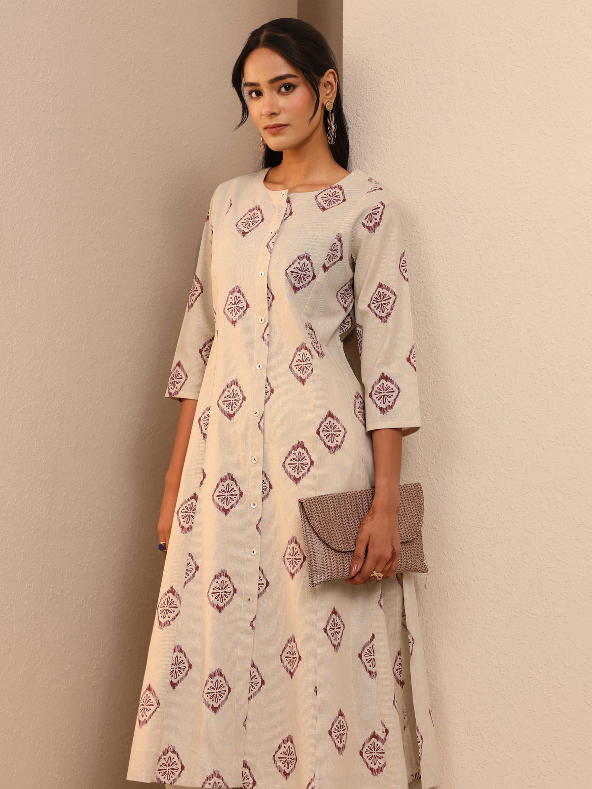 Libas Off White Ethnic Printed Cotton Blend A-Line Kurta