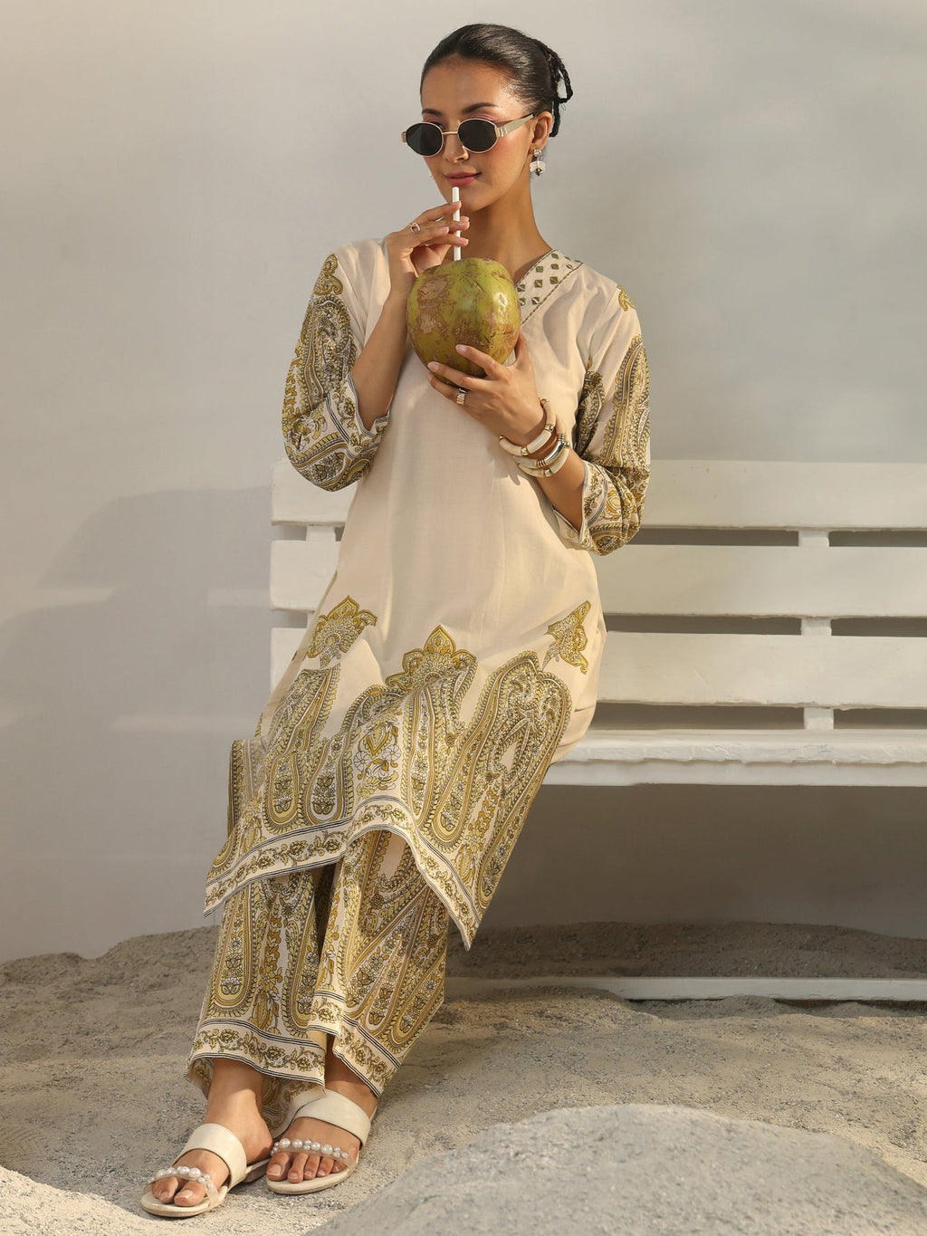 Libas Off White Ethnic Printed Cotton Co-Ord Set CO87