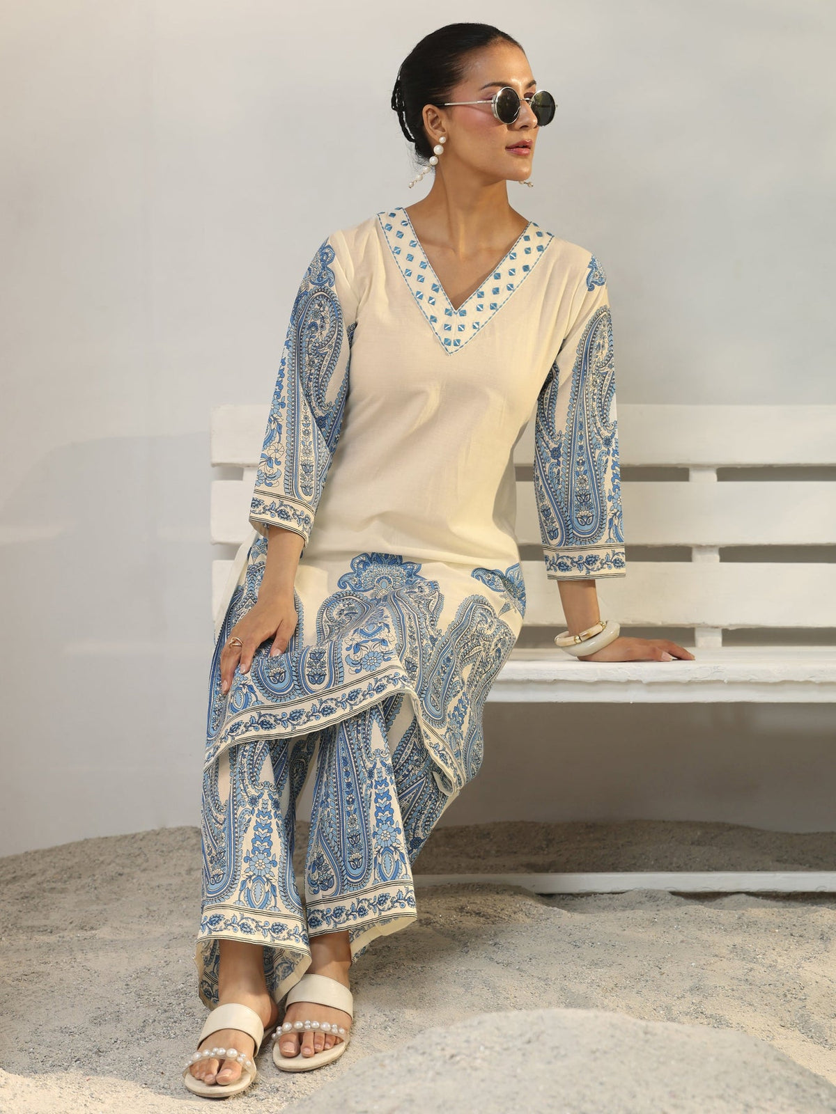 Libas Off White Ethnic Printed Cotton Co-Ord Set CO87