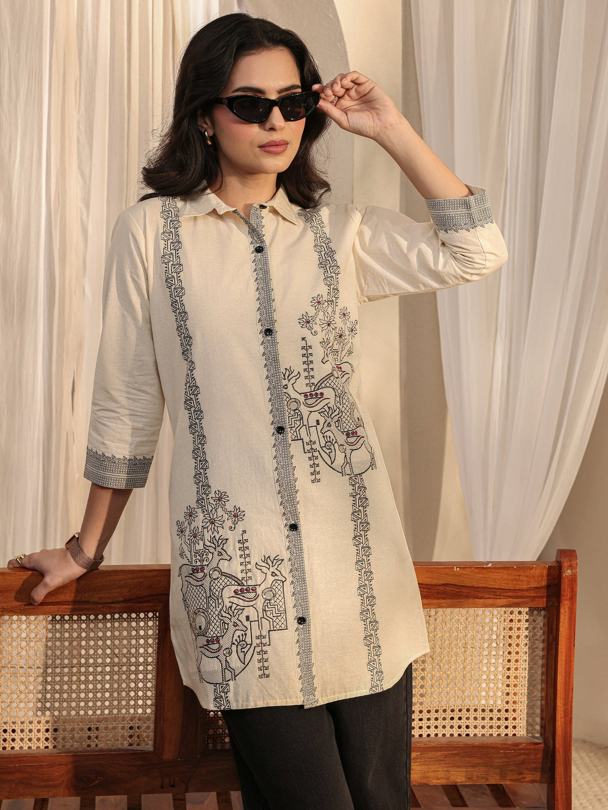 Libas Off White Ethnic Woven Design Cotton Shirt K60
