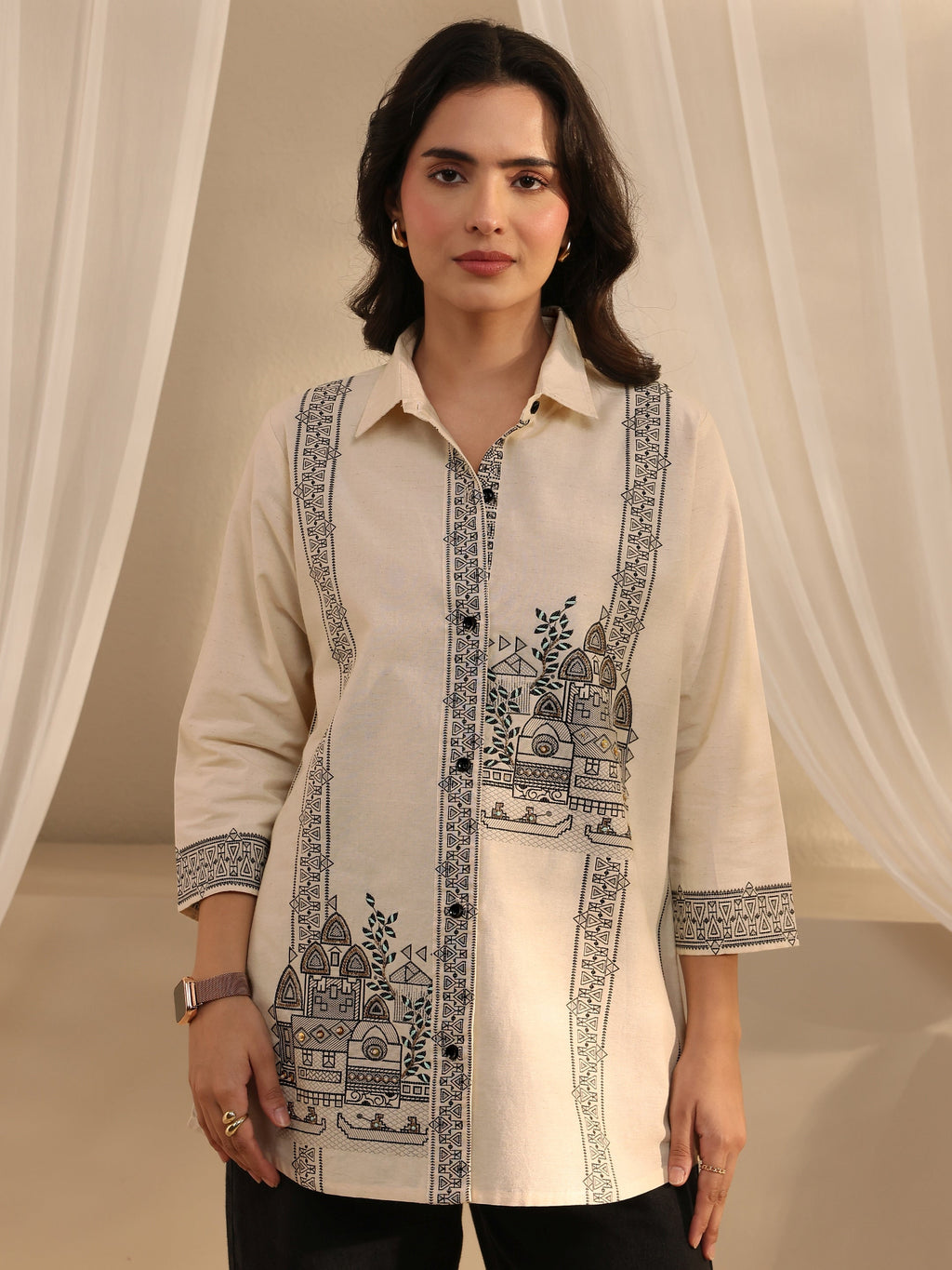 Libas Off White Ethnic Woven Design Cotton Shirt