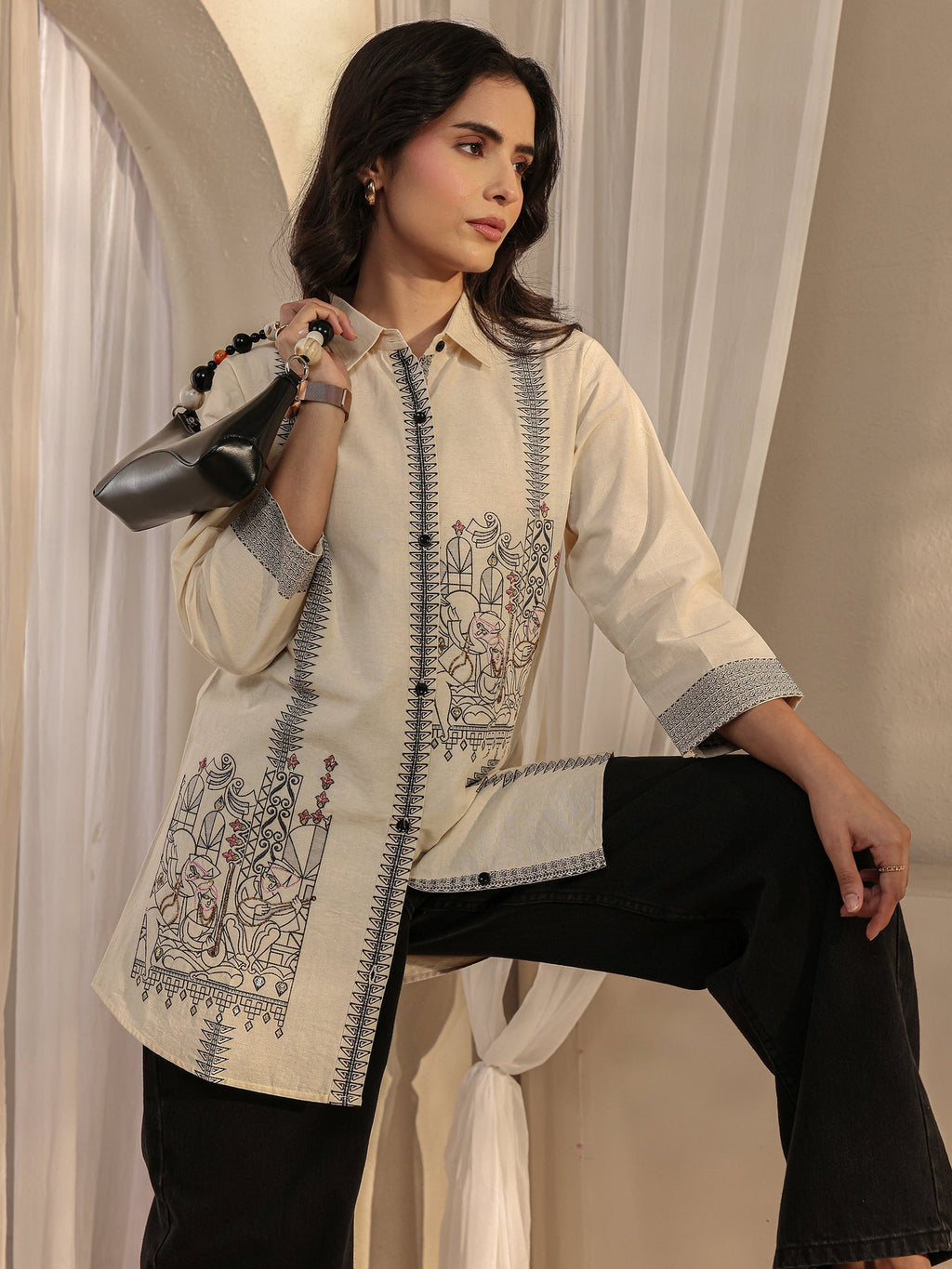 Libas Off White Ethnic Woven Design Cotton Shirt K60