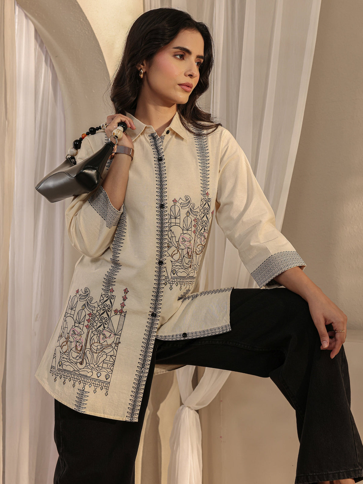 Libas Off White Ethnic Woven Design Cotton Shirt