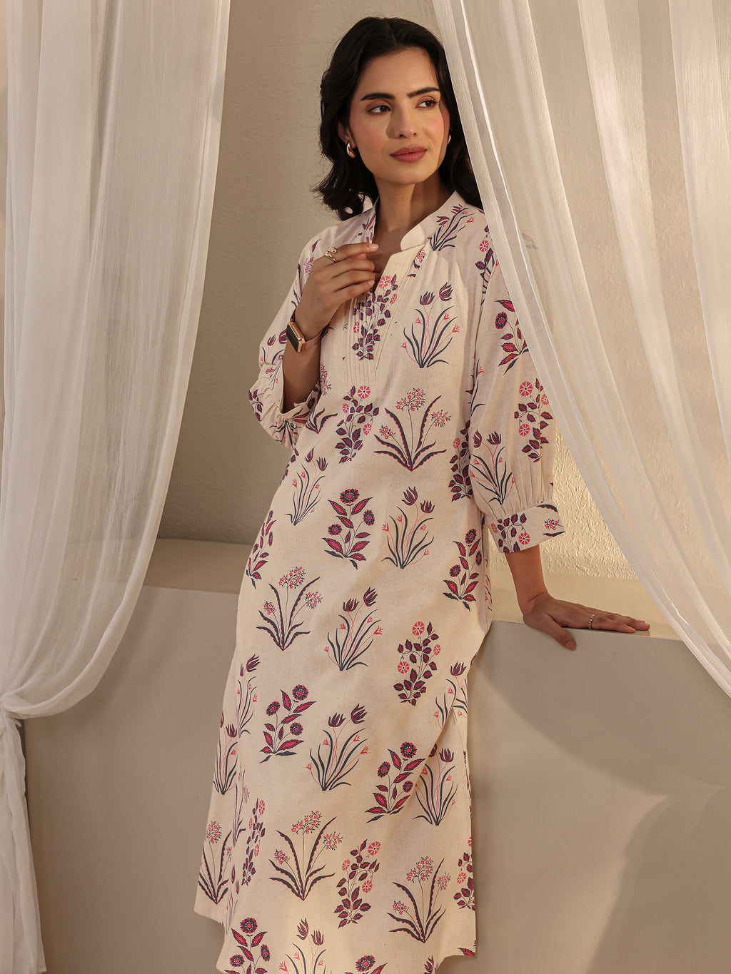 Libas Off White Floral Printed Cotton A-Line Kurta