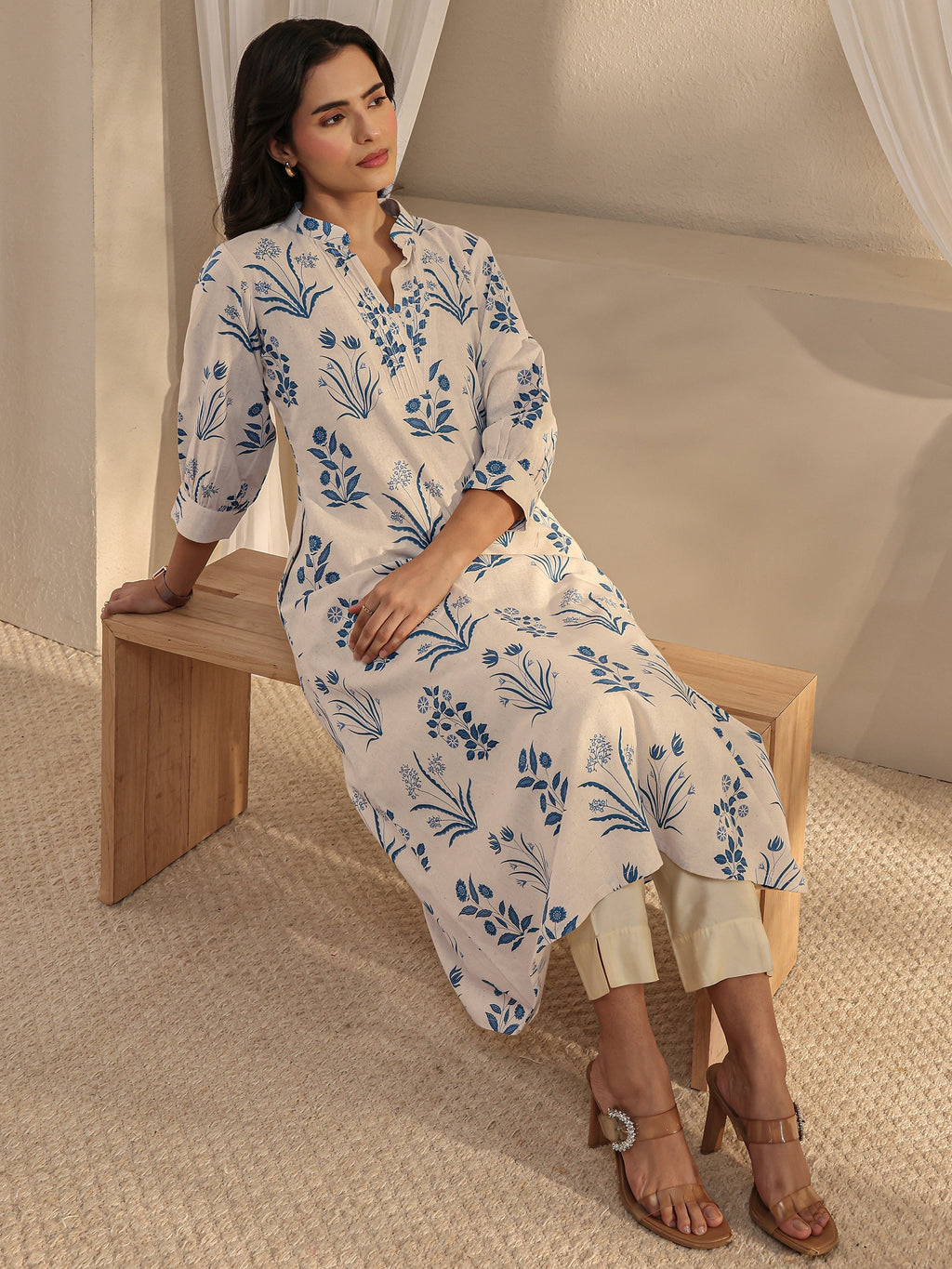 Libas Off White Floral Printed Cotton A-Line Kurta