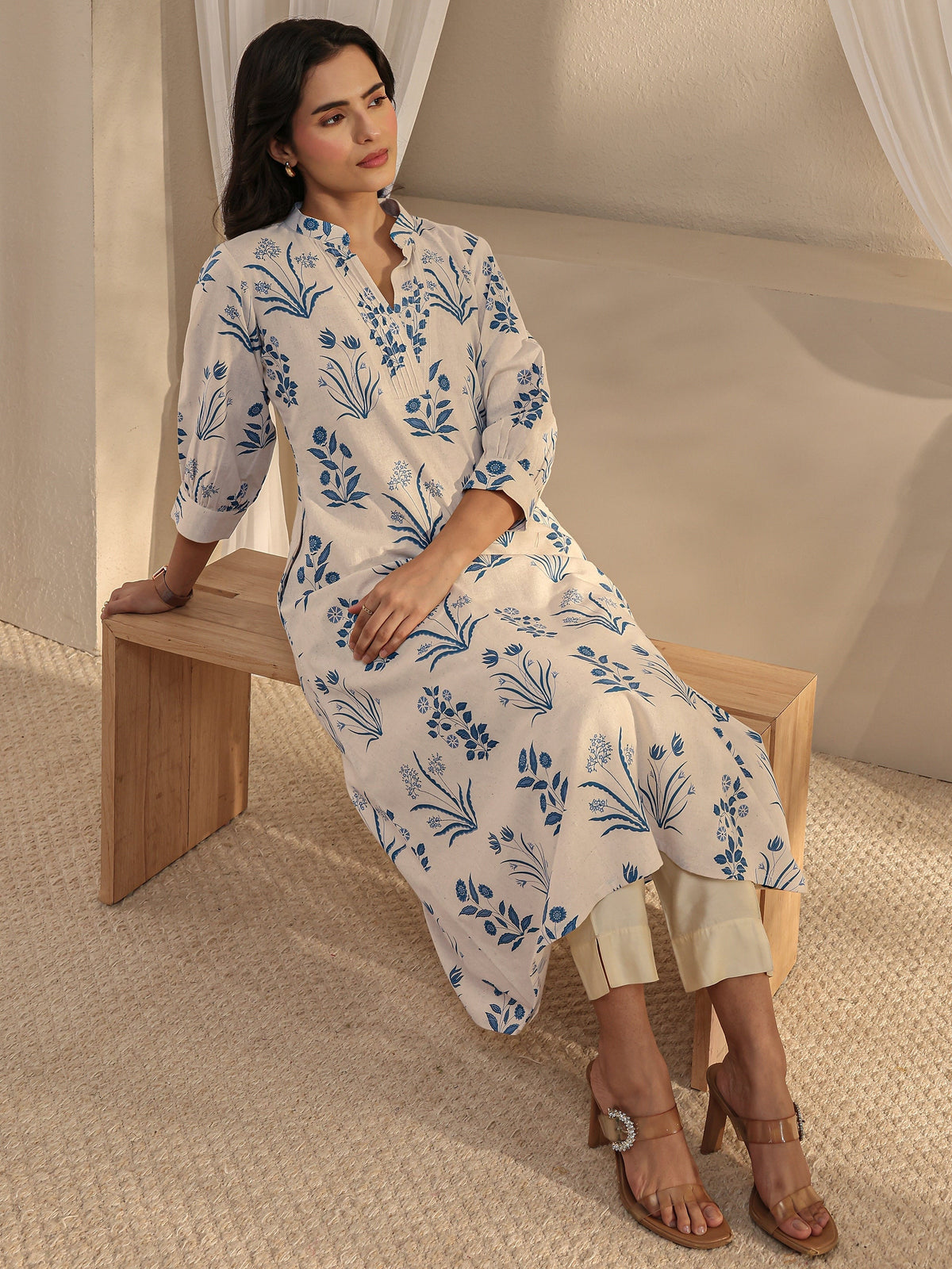 Libas Off White Floral Printed Cotton A-Line Kurta