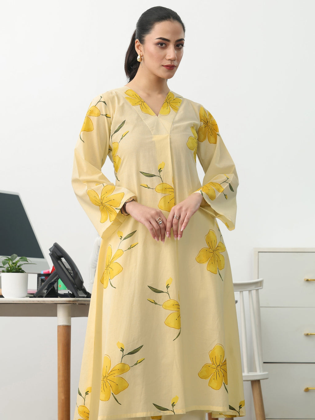 Gerua Off White Floral Printed Cotton Blend A-Line Kurta