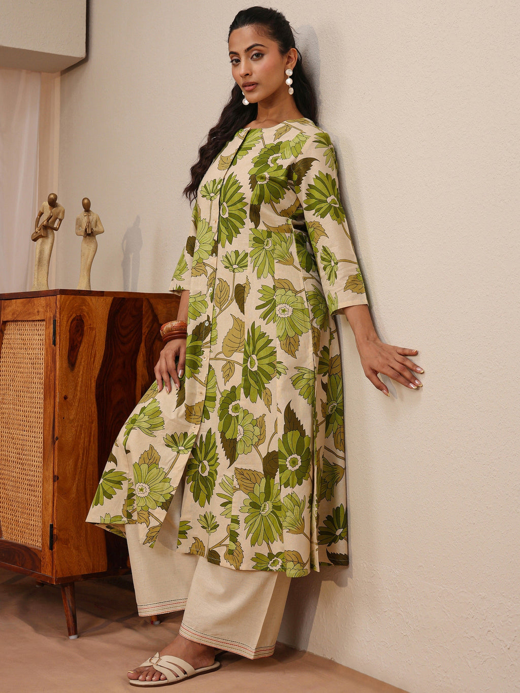 Libas Off White Floral Printed Cotton Blend A-Line Kurta