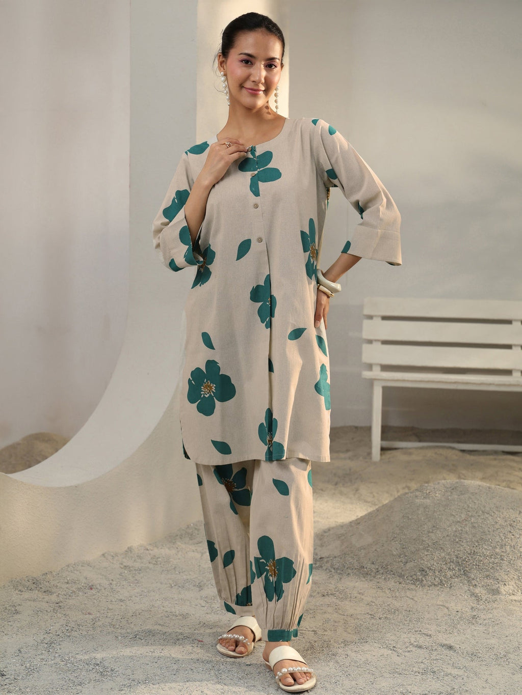 Libas Off White Floral Printed Cotton Co-Ord Set CO87