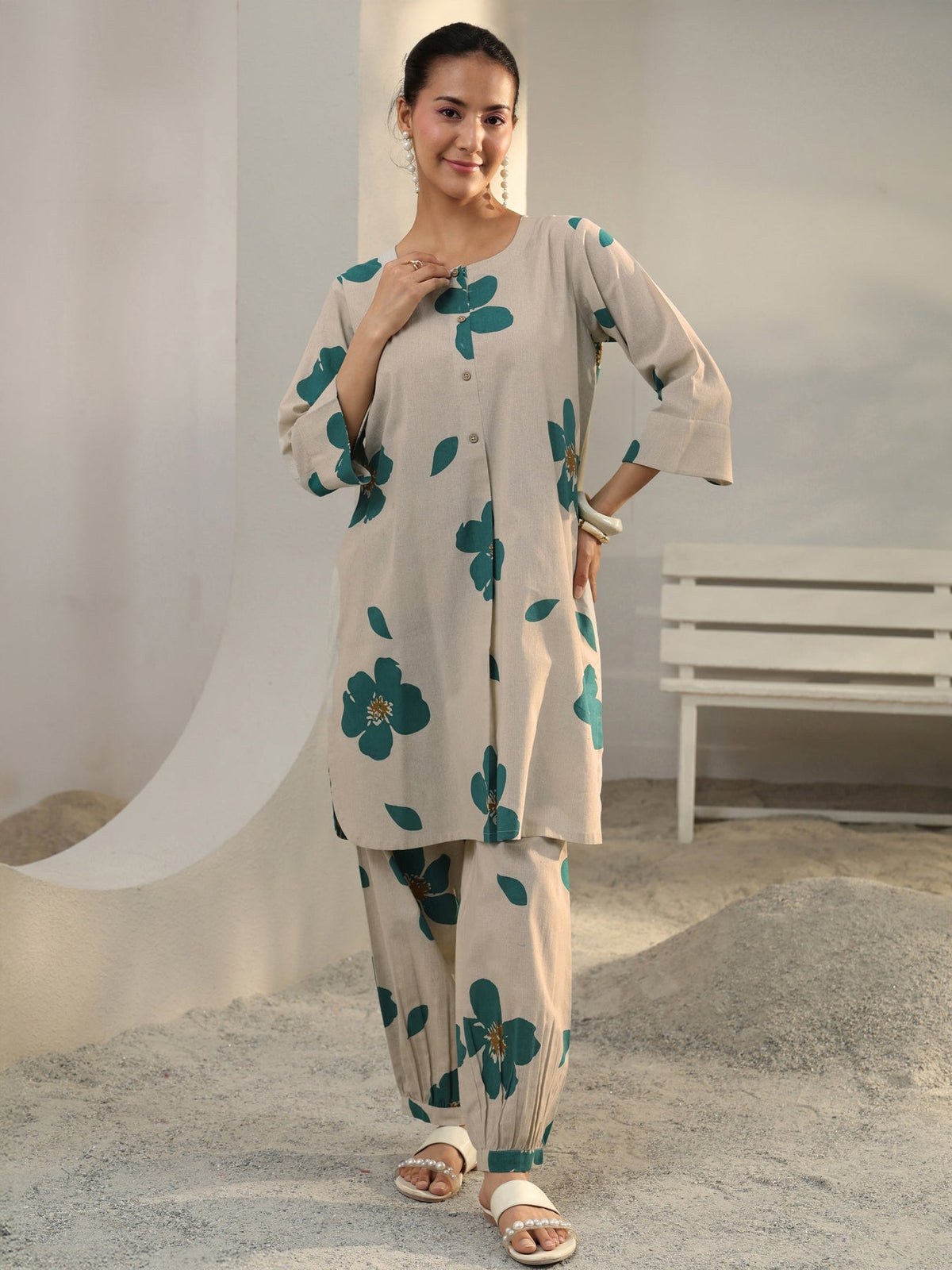 Libas Off White Floral Printed Cotton Co-Ord Set CO87