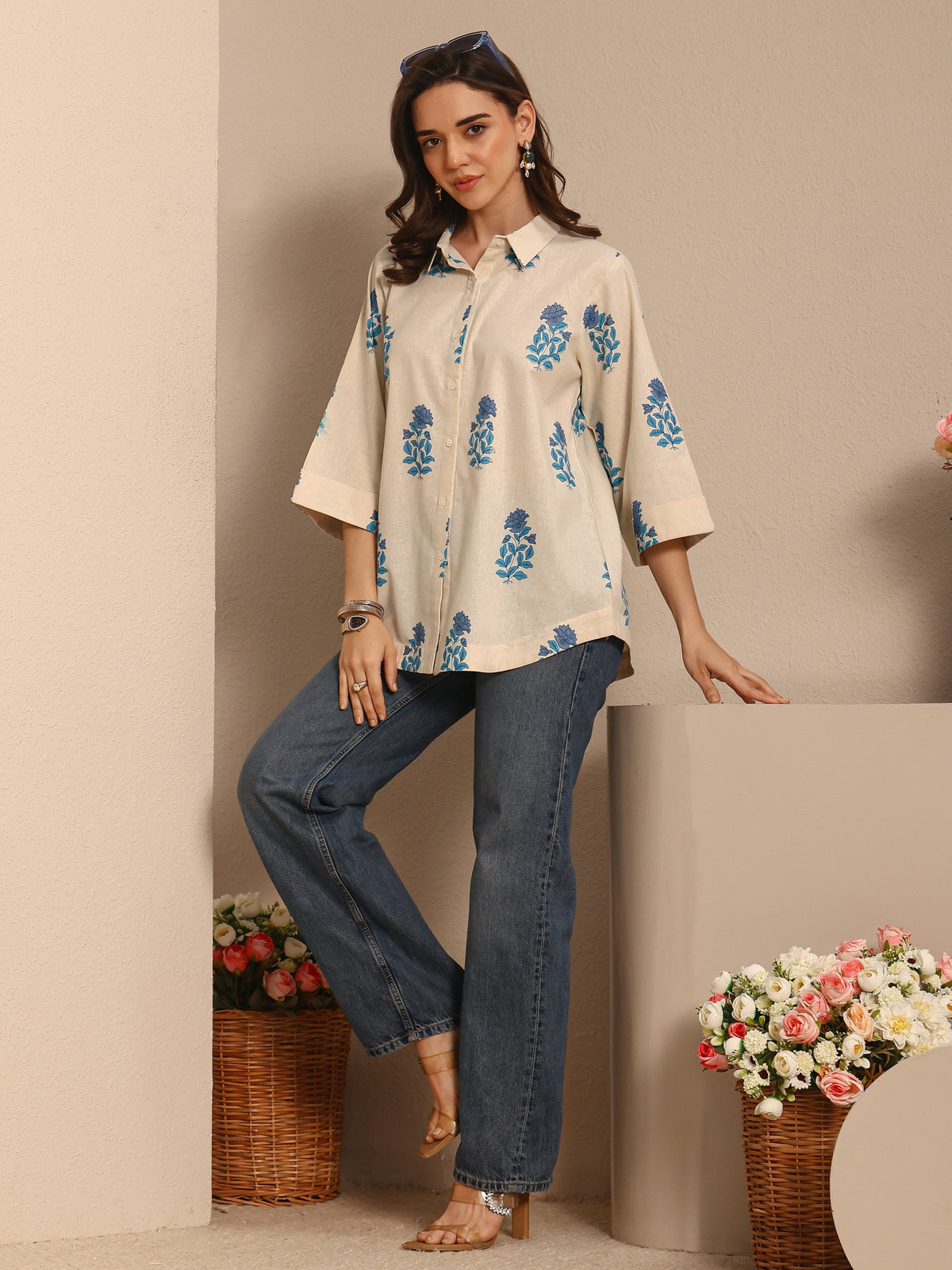 Libas Off White Floral Printed Cotton Shirt