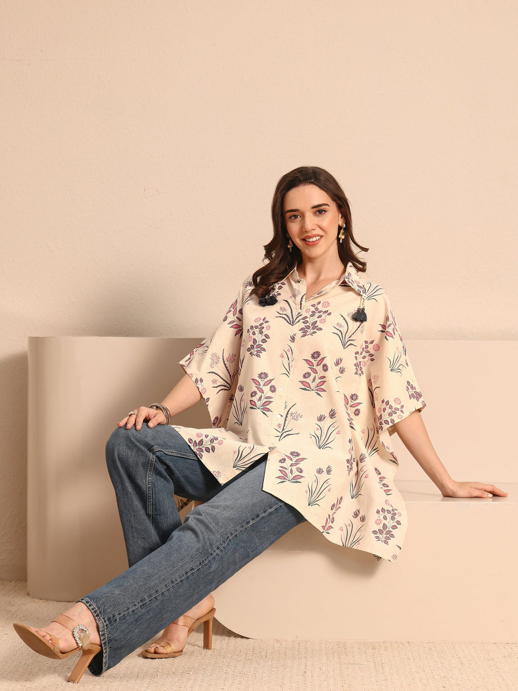 Libas Off White Floral Printed Cotton Shirt