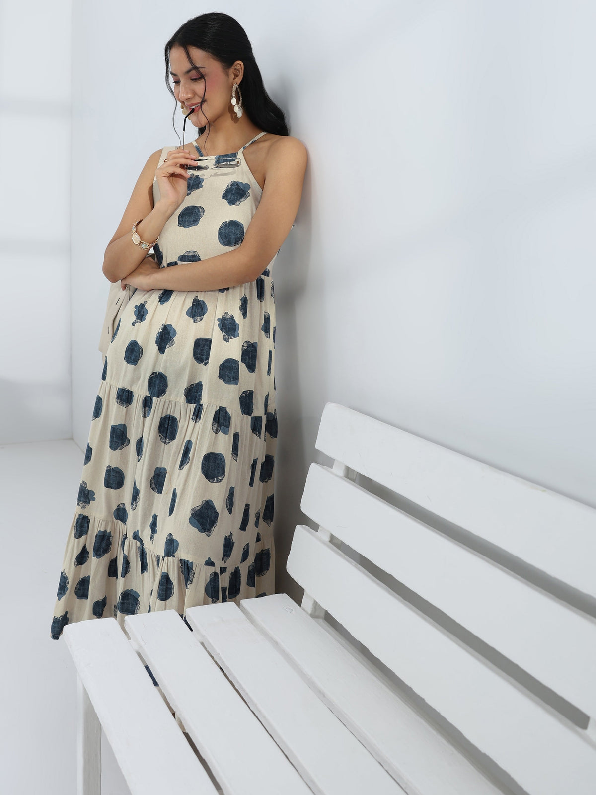 Libas Off White Printed Cotton One-Piece Tiered Dress