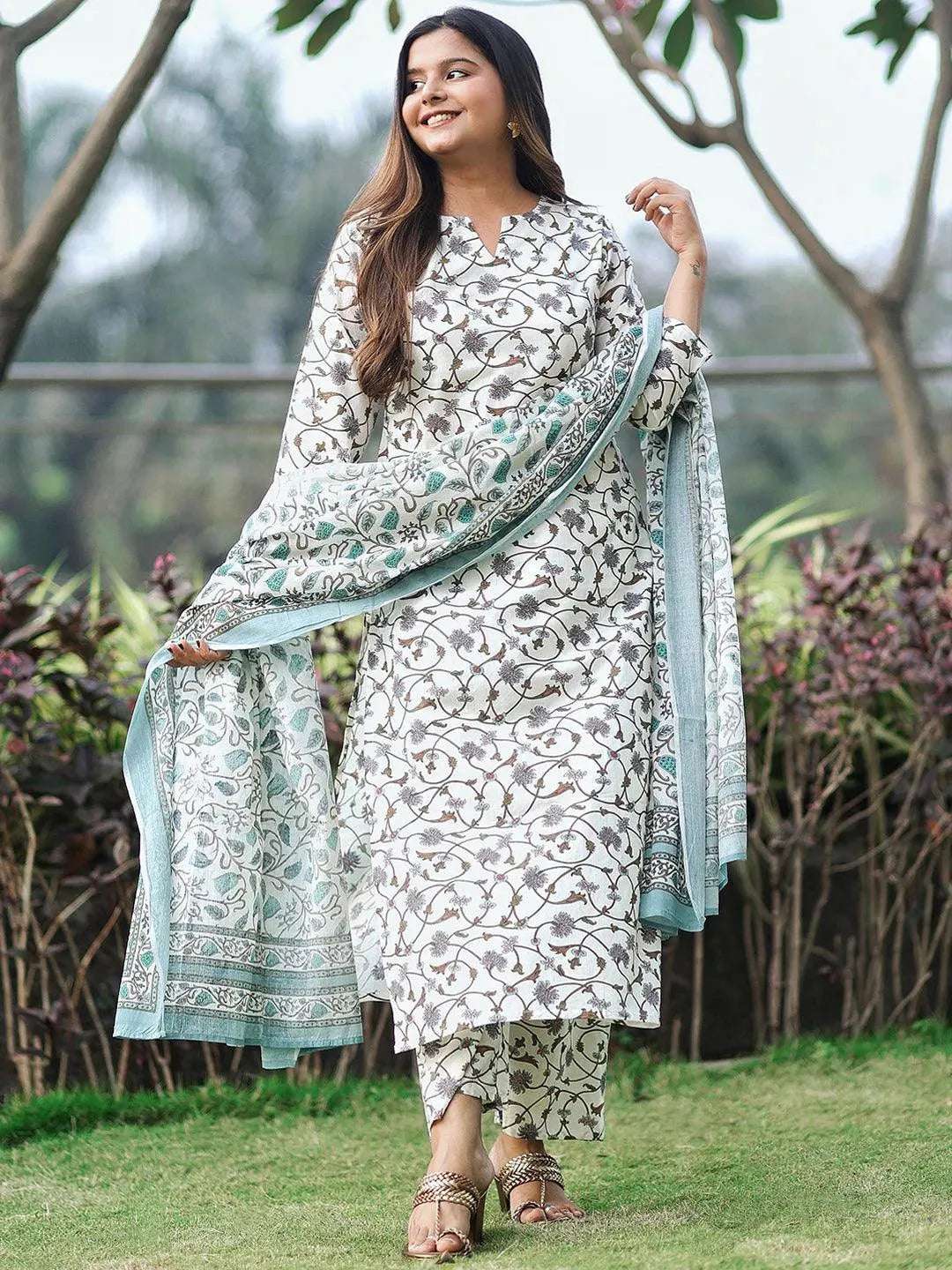 LIBAS Off-White Printed Cotton Straight Kurta With Palazzos & Dupatta